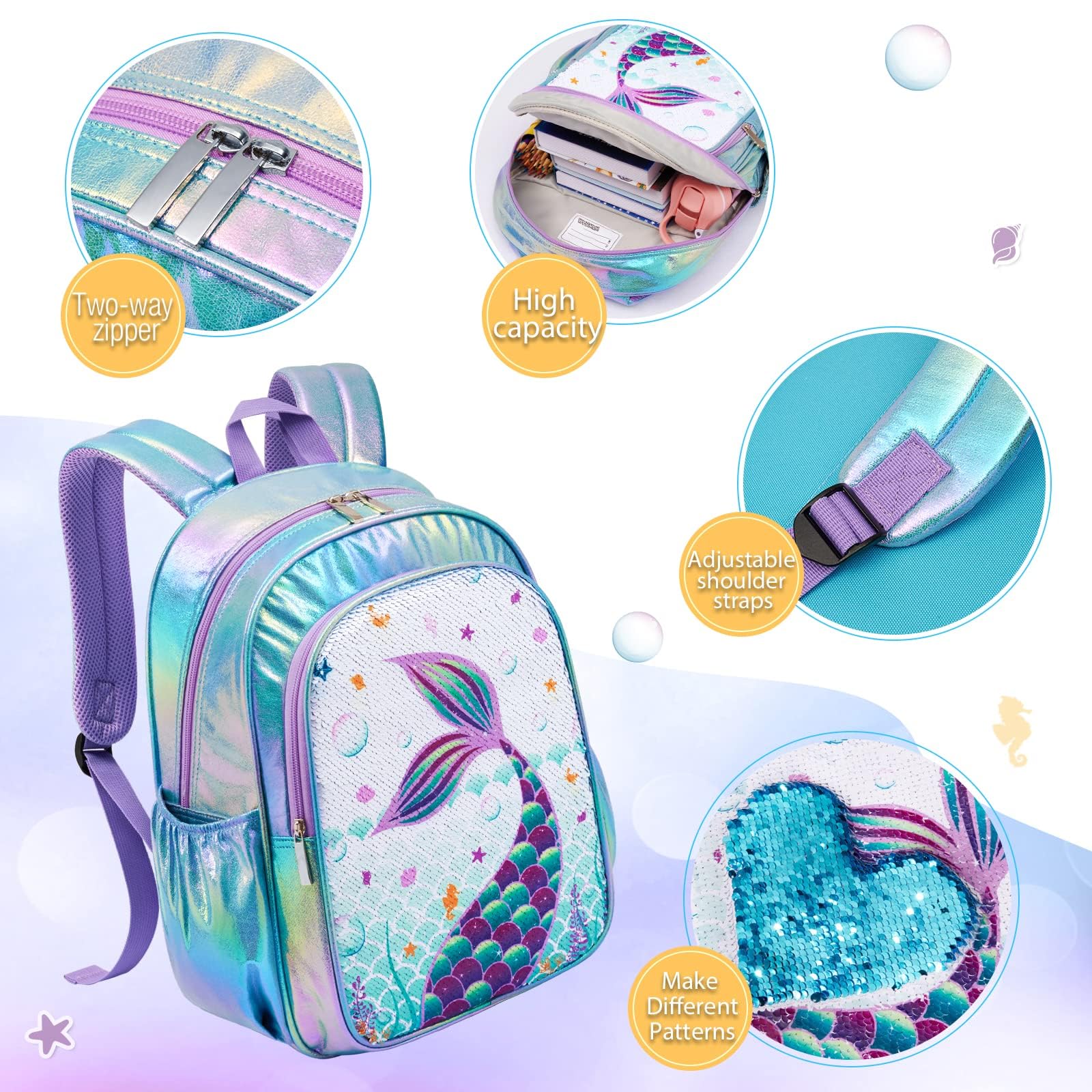 WAWSAM Glitter Mermaid Backpack Set - Sparkly 15