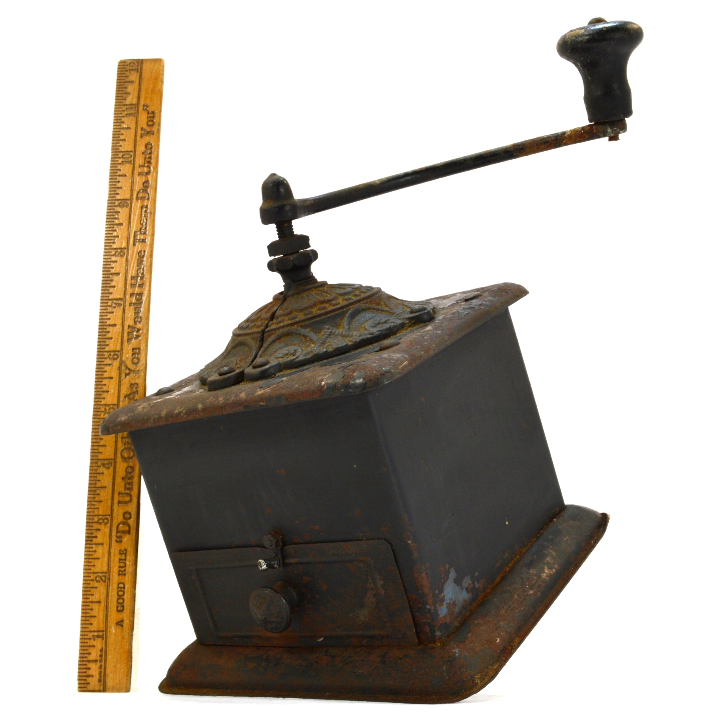 Vintage Cast Iron, Tin & Wood Coffee Grinder - Antique Tabletop Bean Mill with Patina Finish | Perfect for Coffee Enthusiasts & Farmhouse Kitchen Decor