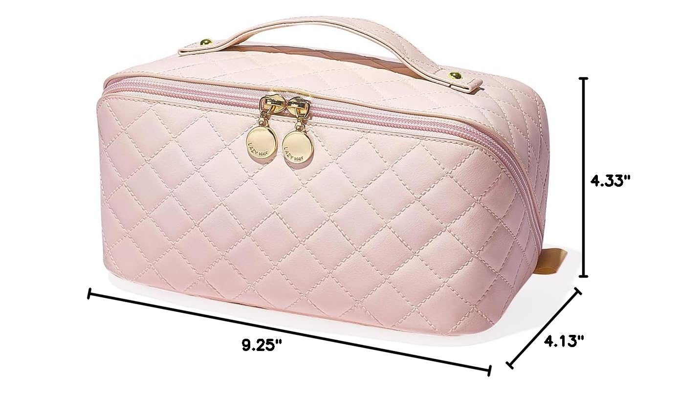 EACHY Large Waterproof Travel Makeup Bag for Women - Portable Cosmetic Organizer with Divider & Handle, Open Flat Toiletry Pouch - Perfect for Vacation, Gym, Business Trips & Daily Essentials Storage