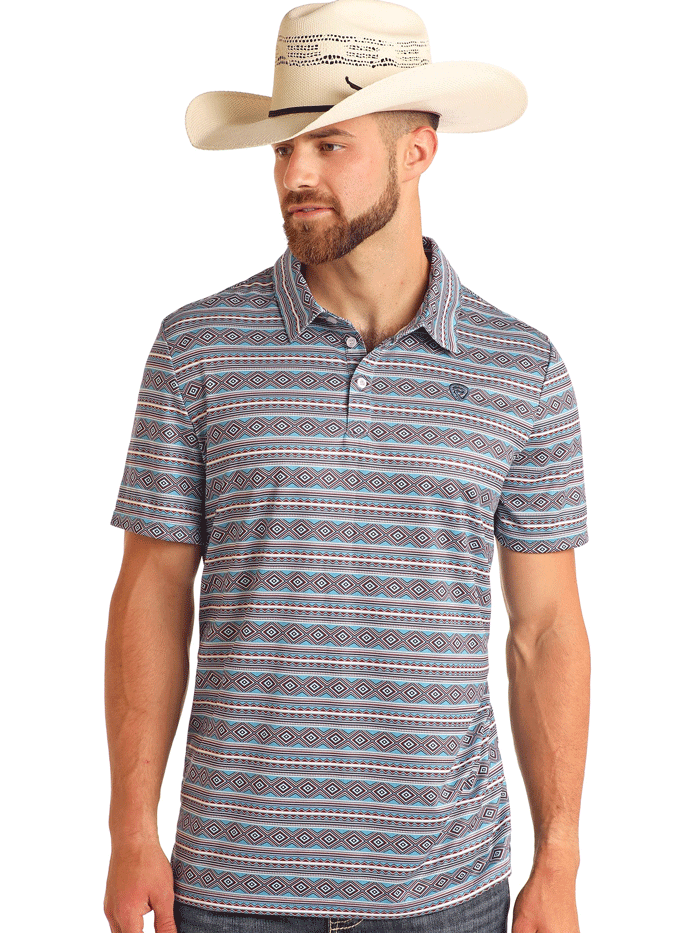 Rock & Roll Denim BM51T05995 Men's Aztec Printed Polo Shirt - Blue Casual Wear for Music Festivals & Street Style