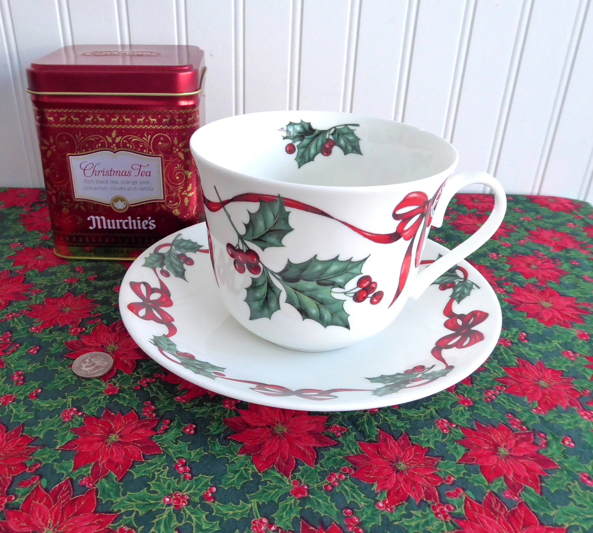 Roy Kirkham Holly Red Ribbons Bone China Christmas Breakfast Cup and Saucer Set - Perfect for Holiday Tea Parties, Festive Breakfasts & Christmas Decor