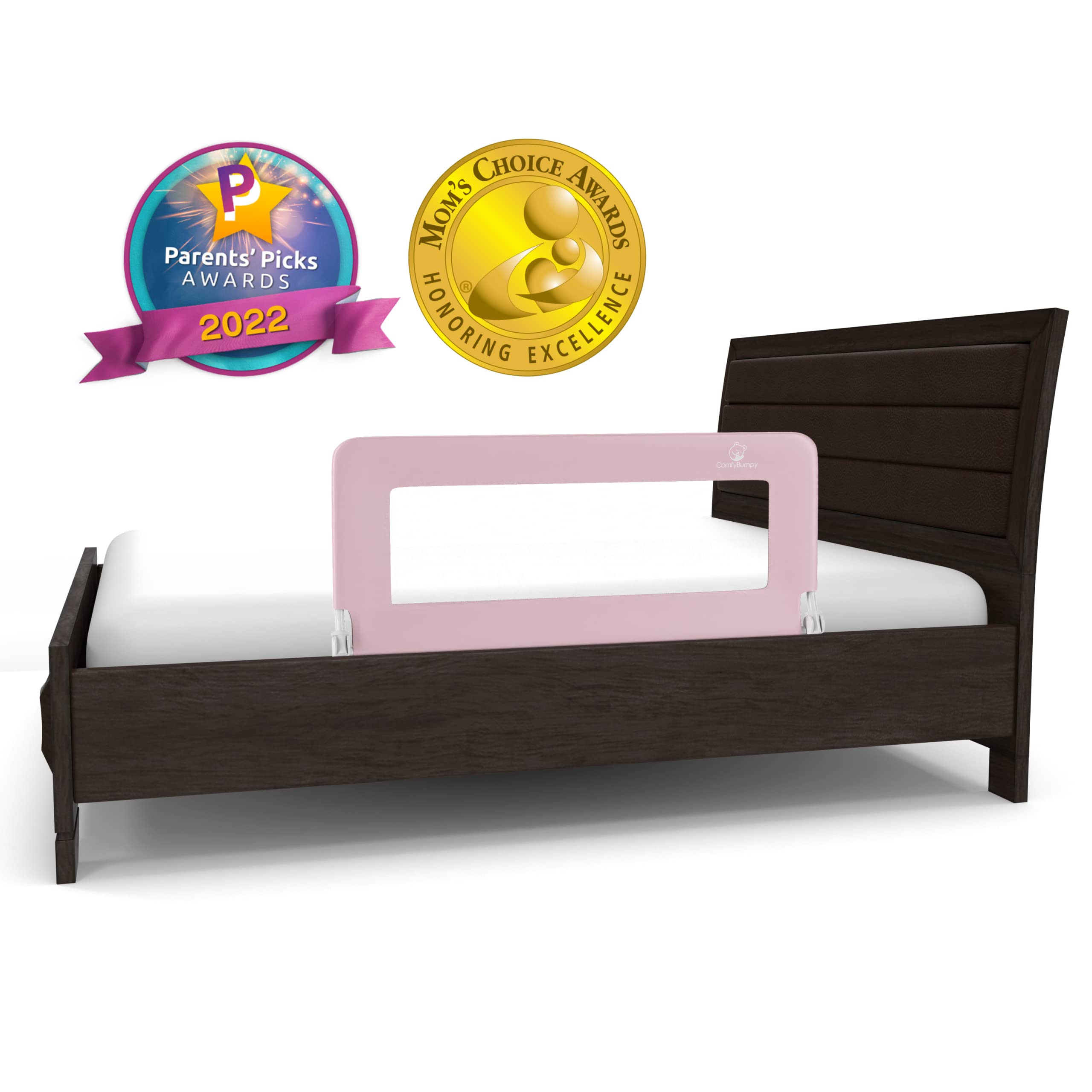 ComfyBumpy Adjustable Toddler Bed Rail Guard for Kids - Safety Bed Rails for Twin, Full, Queen & King Size Beds | Swing Down Baby Bed Side Rail - Pink, Regular (35.5
