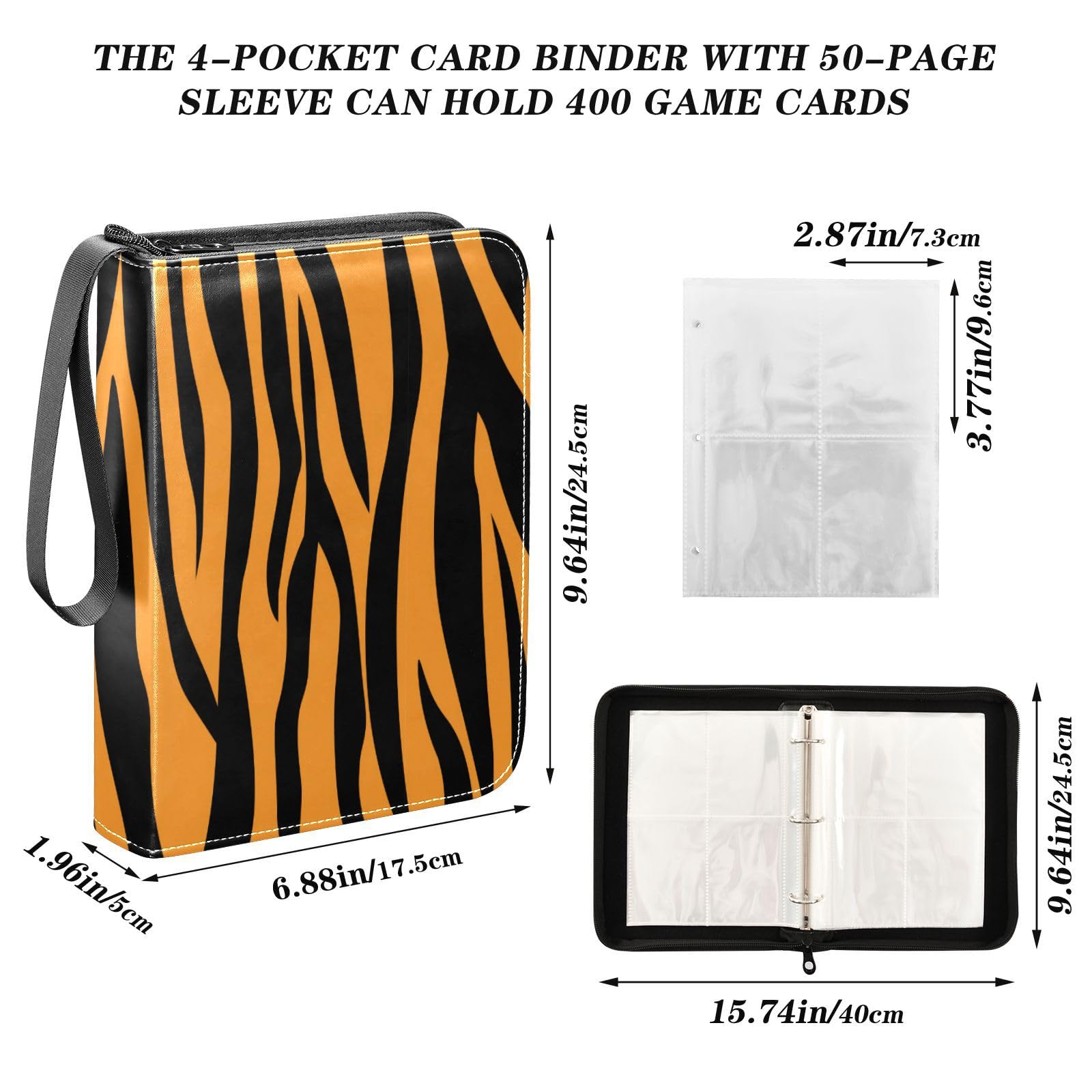 Premium 4-Pocket Tiger Trading Card Binder with 50 Removable Sleeves - 3-Ring Card Album Holds 400+ Sports & Game Cards - Durable Card Case for Collectors, Boys & Girls - Perfect for Storage, Organization & Trading Events