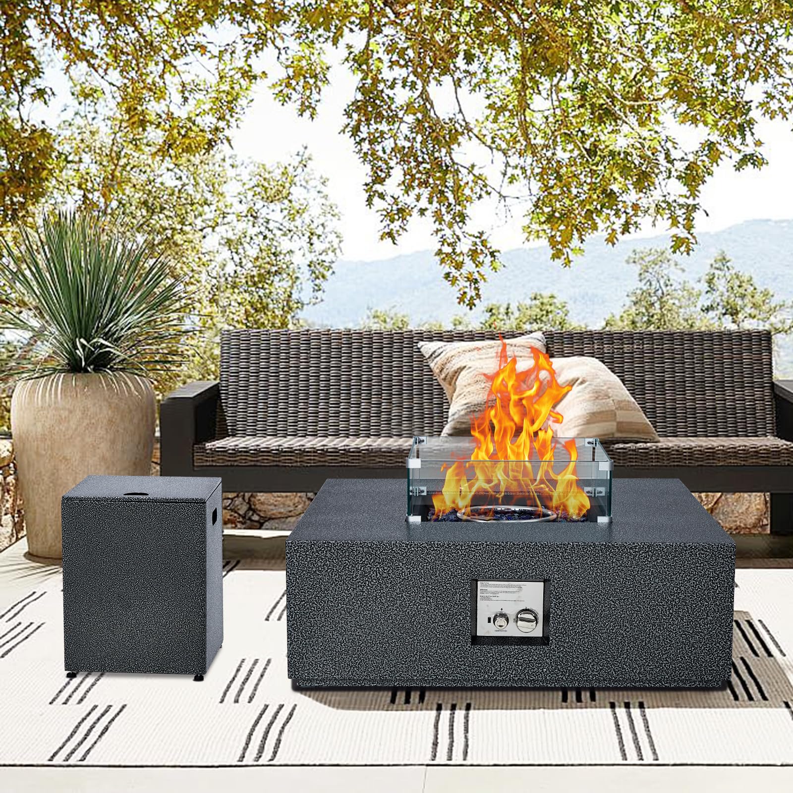 GARVEE 2-Piece 36-Inch Outdoor Propane Fire Pit Set - 50,000 BTU Gas Fire Pit Table with 16-Inch Tank Side Table, Removable Lid, Wind Guard, Blue Glass Rocks & Rain Cover - Perfect for Patio, Backyard, Garden & Camping Gatherings