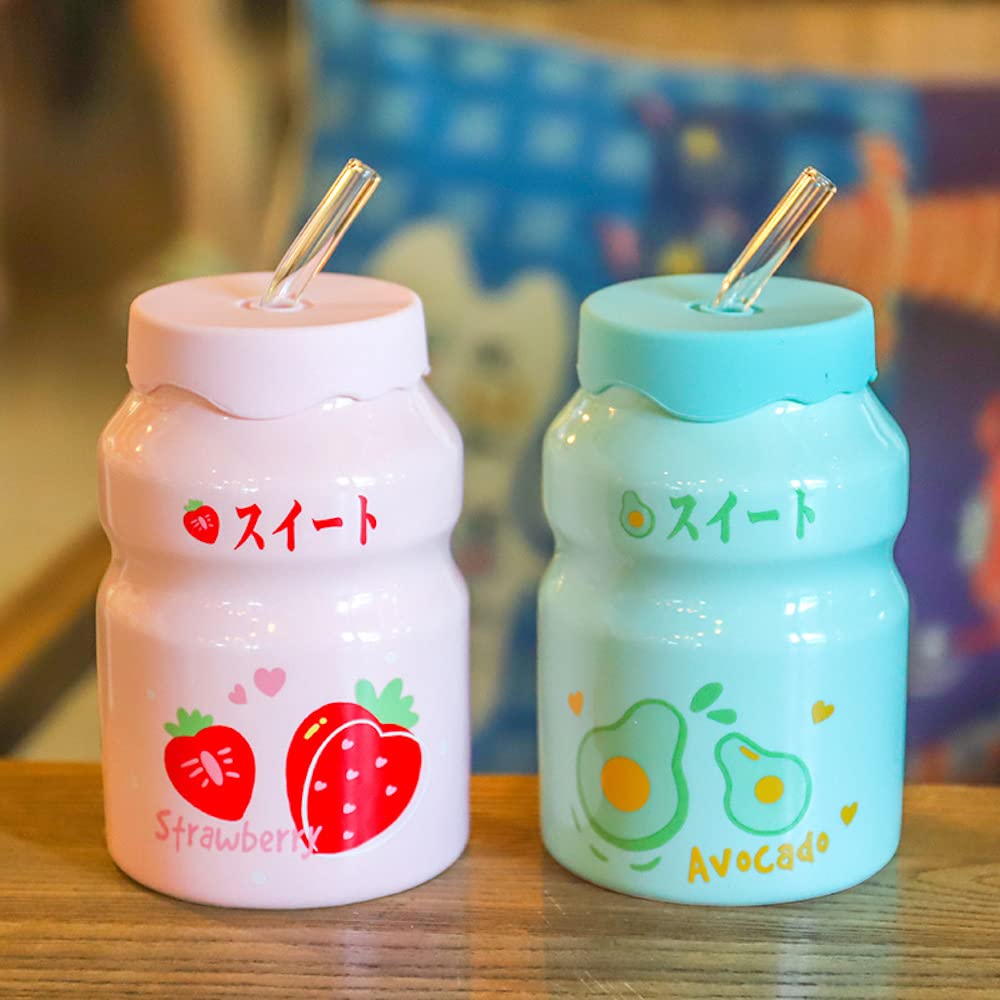 2 Pack Kawaii Ceramic Mugs with Lids & Straws - Cute Strawberry & Avocado Design Ins Style Travel Coffee Cups - Perfect for Home, Office, School & Gifts