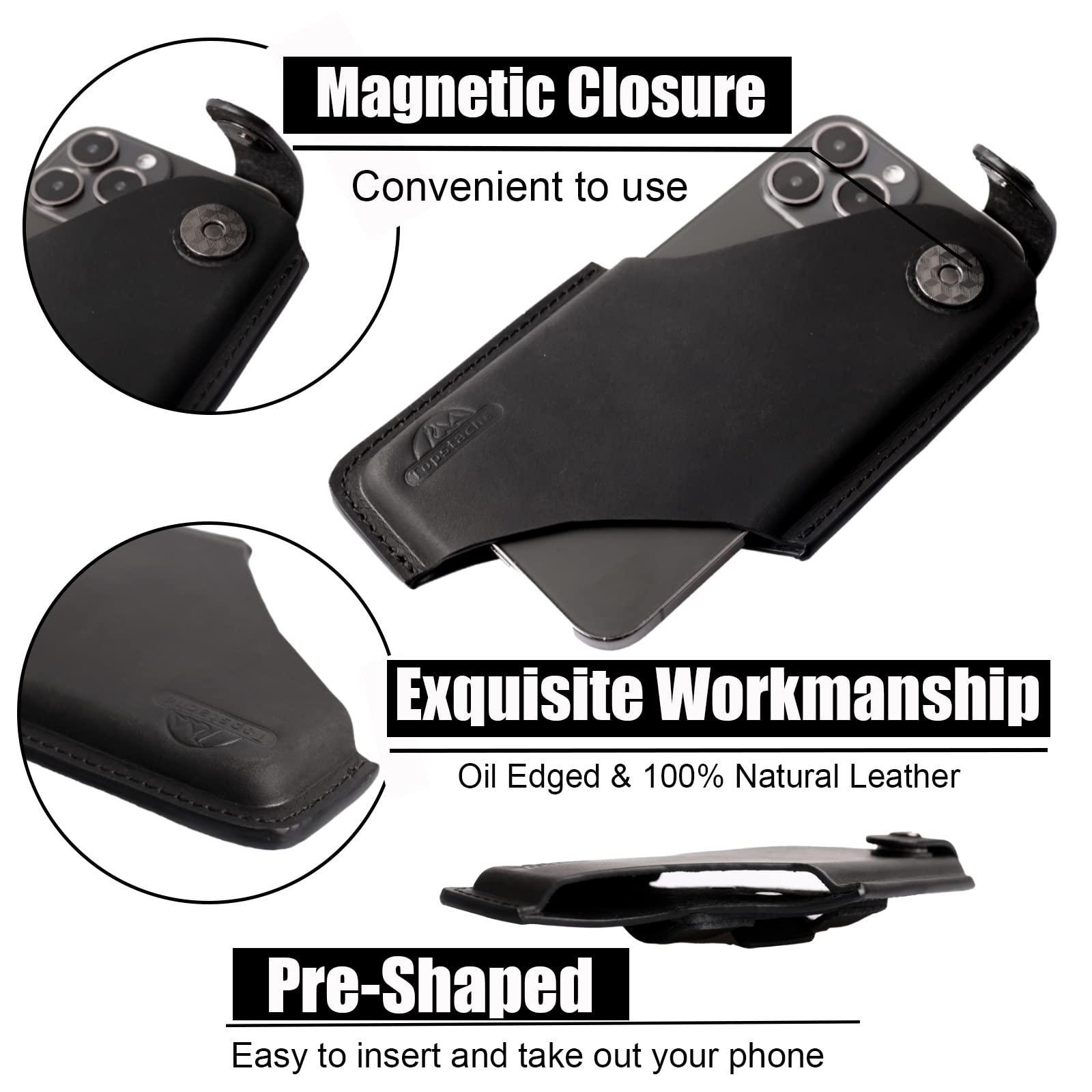 Premium Leather Phone Holster with Belt Clip Loop & Magnetic Closure - Compatible with iPhone & Samsung - Large Black Belt Phone Pouch for Men & Women - Perfect for Work, Travel & Outdoor Activities
