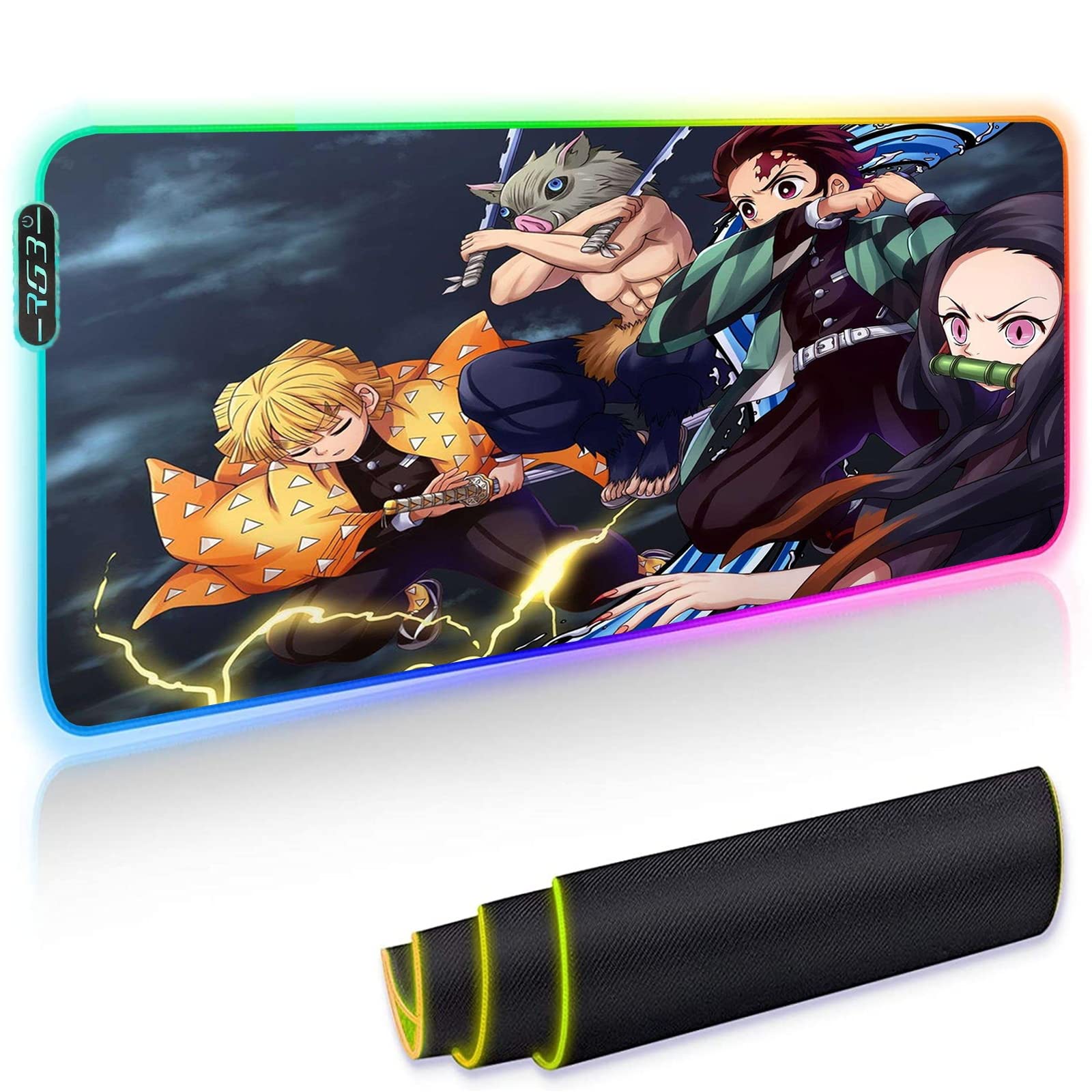 RGB Gaming Mouse Pad with LED - Hashibira Inosuke & Agatsuma Zenitsu Anime Design - Oversized Extended 600x1200mm Mousepad for Keyboard & Mouse - Perfect for PC Gaming, Office Work & Anime Enthusiasts