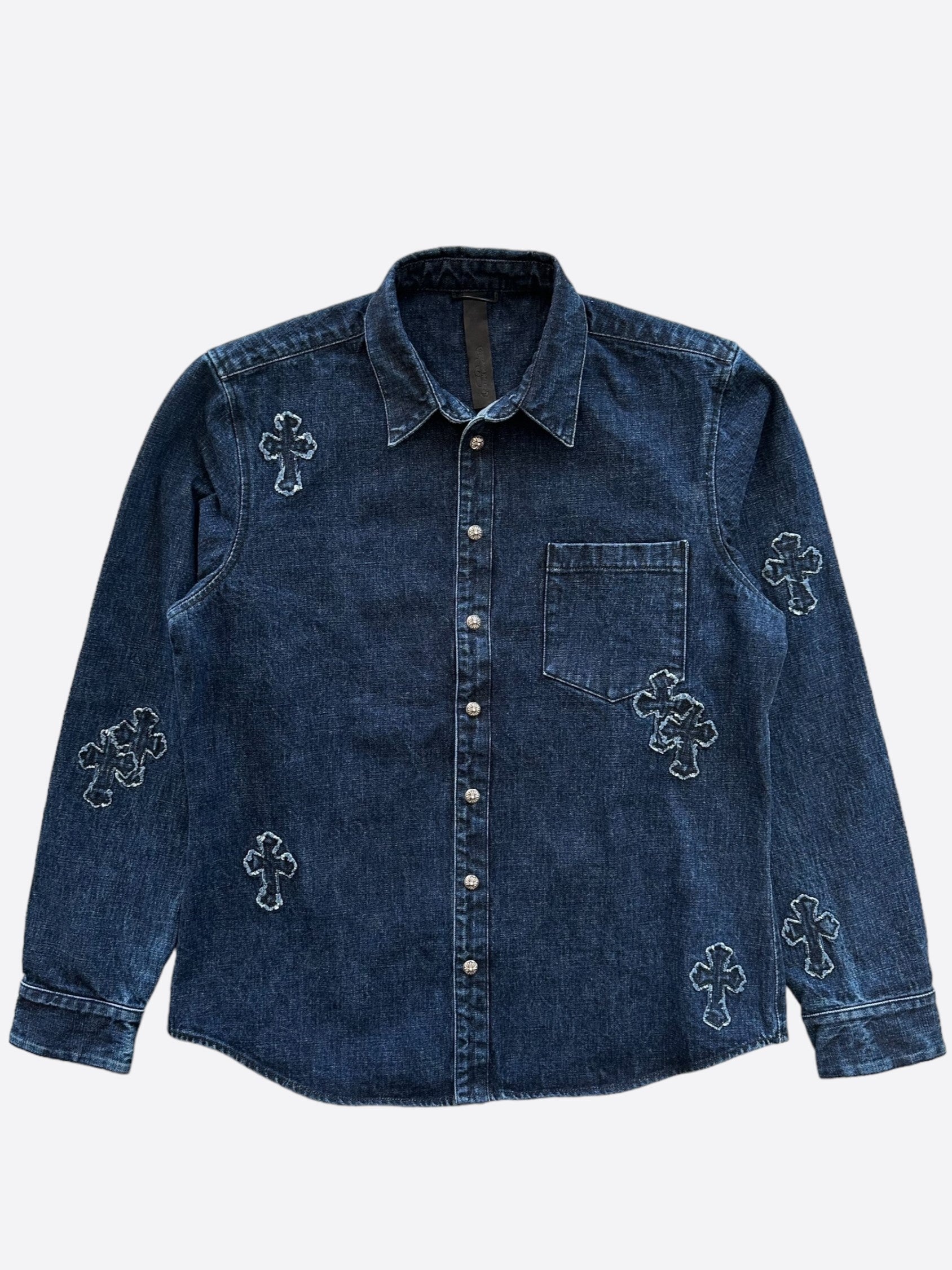 Chrome Hearts Blue Embroidered Cross Patch Denim Shirt for Men - Vintage Distressed Designer Long Sleeve Shirt for Casual Wear & Street Style Fashion
