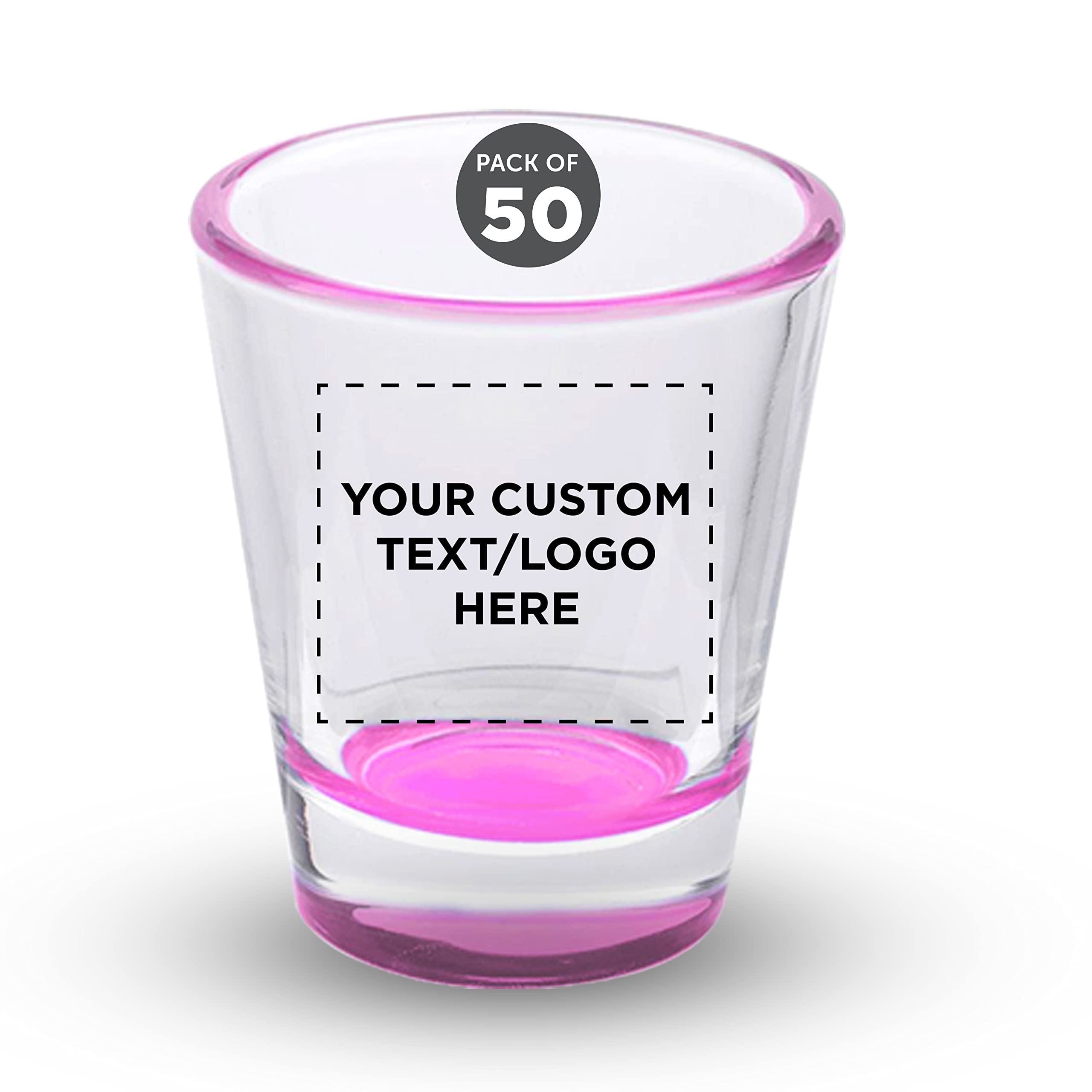 Personalized Shot Glasses 1.75 oz (50-Pack) - Custom Bulk Barware for Weddings, Bachelorette Parties & Events - Pink Color Bottom Drinking Glasses - Perfect for Cocktail Parties, Bridal Showers & Bar Decor
