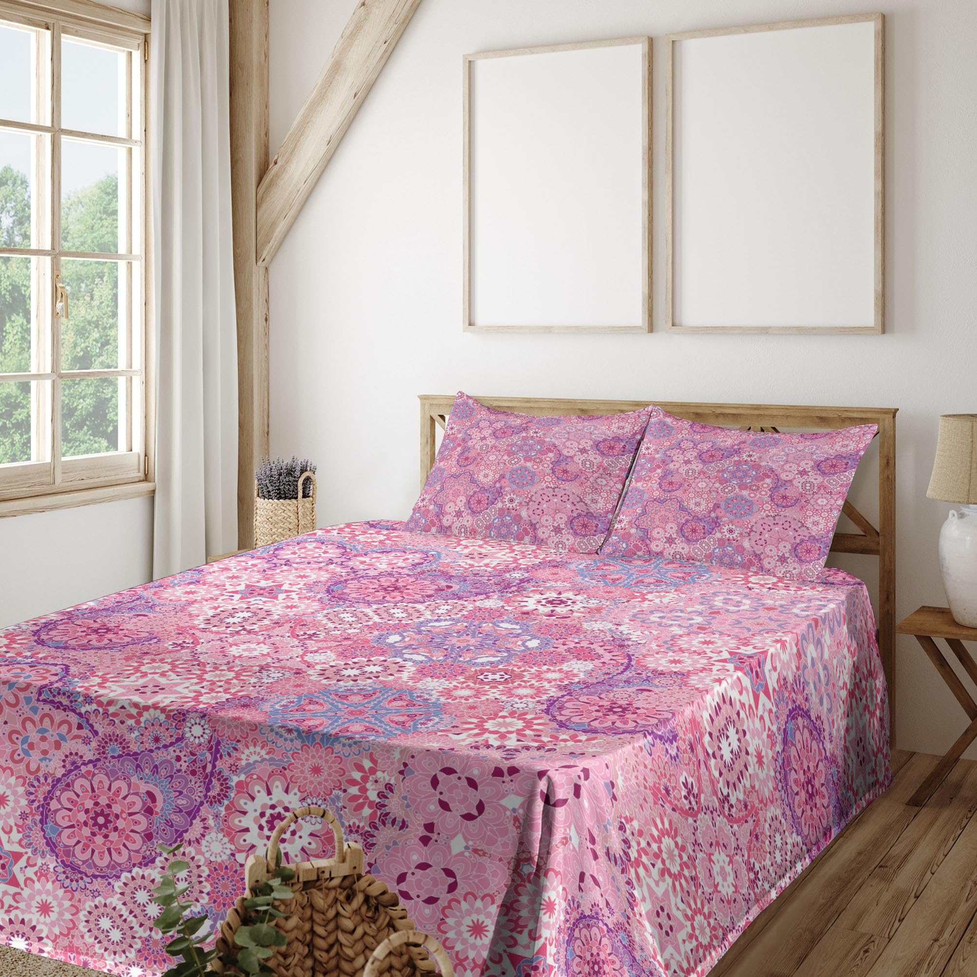 Ambesonne King Size 4-Piece Sheet Set - Bohemian Paisley Floral Design in Mauve & Rose Pink, 100% Microfiber Bedding with Fitted Sheet, Flat Sheet & 2 Pillowcases | Perfect for Bohemian Bedroom Decor, Guest Rooms & Cozy Master Suites