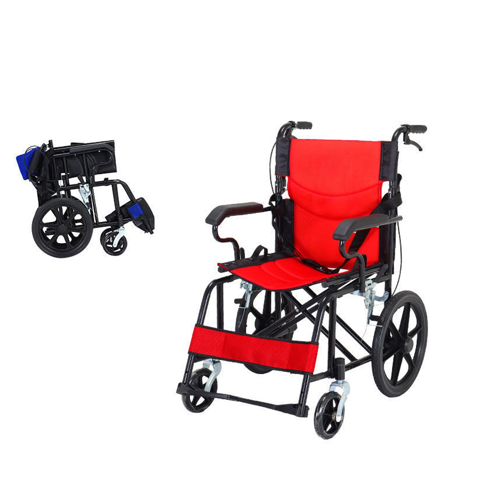 Ultra-Lightweight Folding Wheelchair with Handbrake - Portable Transport Wheelchair for Adults & Elderly - Breathable Seat Cushion & Foldable Footrest - Ideal for Travel, Hospitals, and Home Use - Red