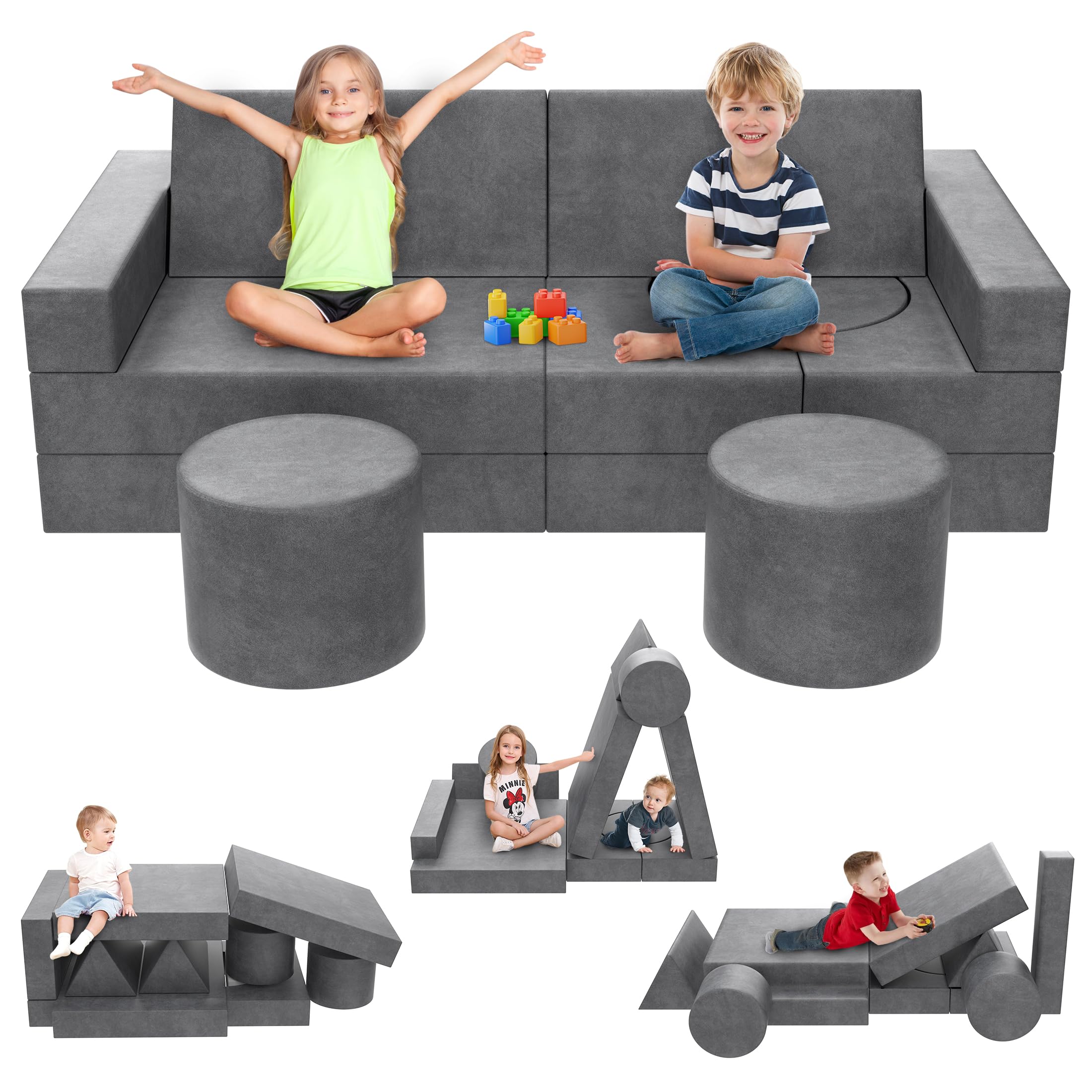 13-Piece Modular Kids Play Couch Set - Large Convertible Foam Sofa for Boys & Girls | DIY Building Fort, Sectional Floor Cushion for Creative Play | Perfect for Playrooms, Bedrooms & Indoor Adventures (Grey)
