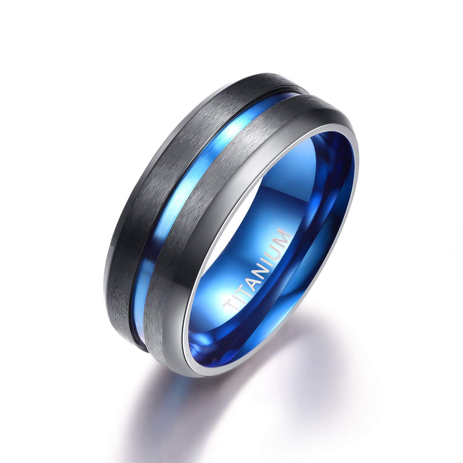Empsoul Titanium Wedding Band Ring 8mm Black Promise Ring with Blue Line Center Groove for Men & Women - Perfect for Anniversaries, Engagements and Everyday Wear