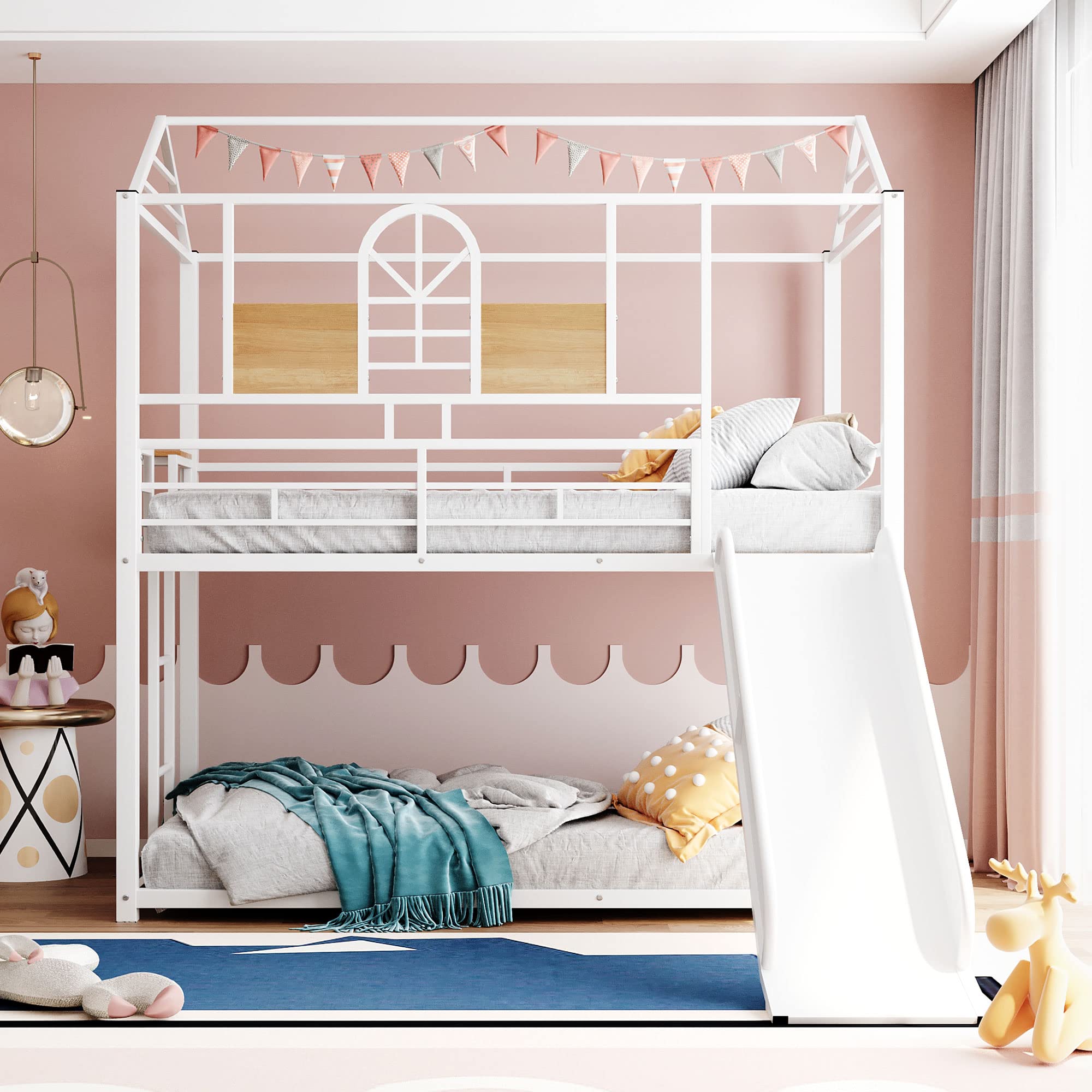 **Metal Twin Over Twin Bunk Bed Frame for Kids & Toddlers - Low Cabin Bunk Bed with Ladder & Slide - No Box Spring Needed - White - Perfect for Small Rooms, Shared Kids' Bedrooms & Sleepovers**