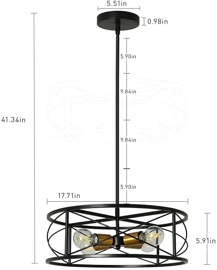 DLLT 4-Light Black Round Pendant Lighting Fixture - 18 Inch Industrial Metal Drum Cage Chandelier - Farmhouse Hanging Light for Dining Room Kitchen Living Room Bedroom Hallway - Perfect for Rustic Home Decor & Modern Interior Design