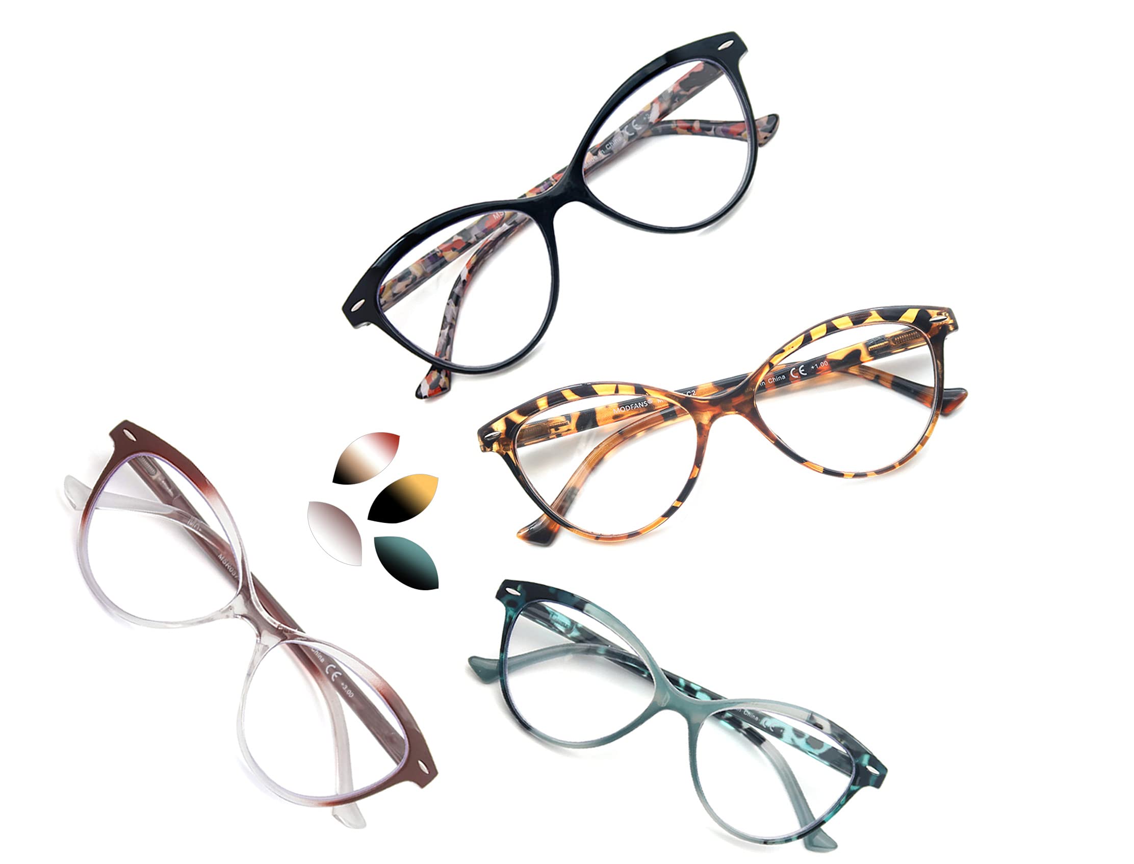 MODFANS 4 Pack Cat Eye Reading Glasses for Women - Spring Hinge, Stylish & Comfortable Readers - Perfect for Reading, Office Work, and Fashion Accessories