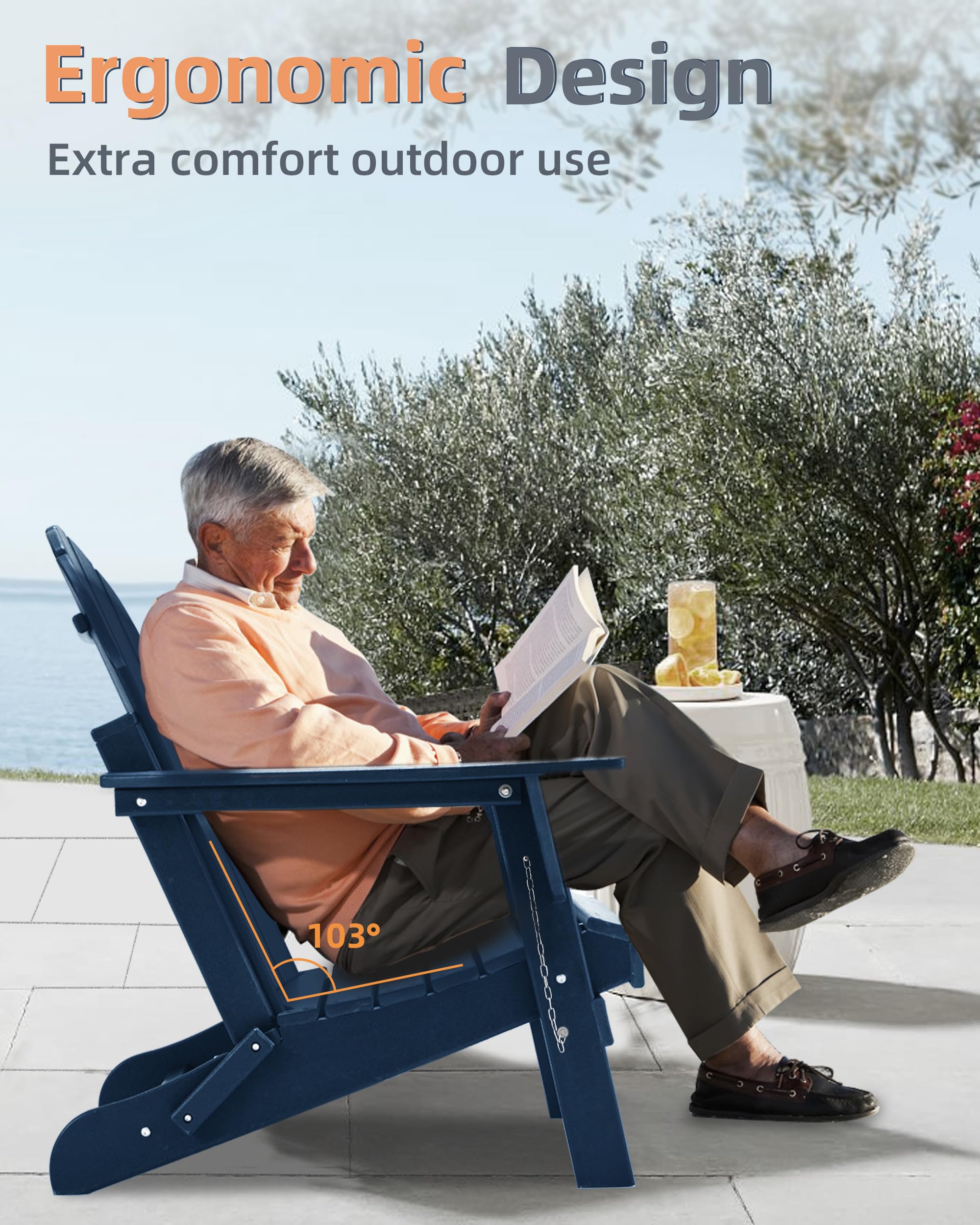 **HDPE All-Weather Folding Adirondack Chair - Navy Blue - Outdoor Fire Pit Seating, Patio, Garden, Deck & Poolside Relaxation**