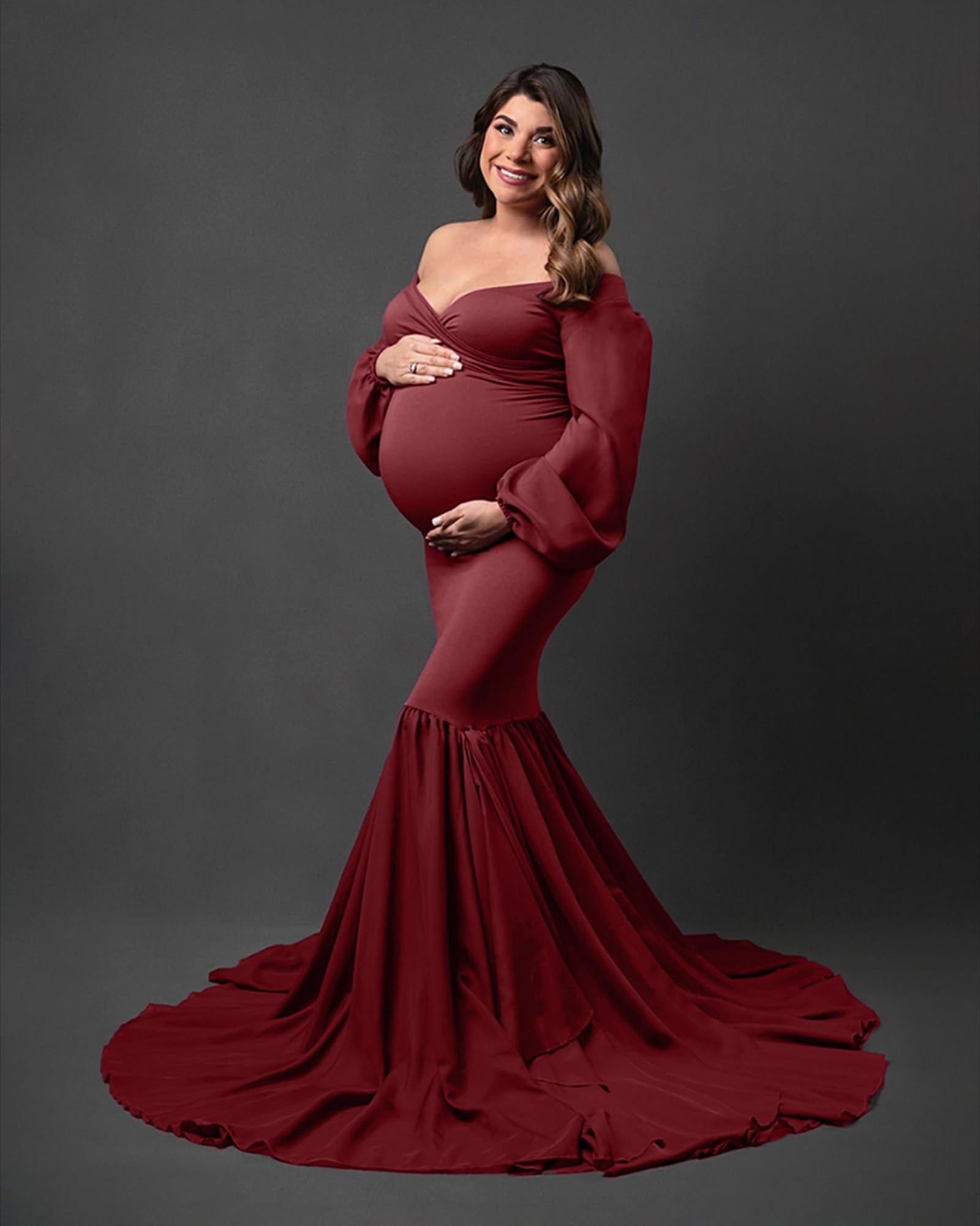 Saslax Elegant Long Chiffon Sleeve Mermaid Maternity Dress for Photoshoot, Baby Shower, Pregnancy Photos & Special Occasions | Flattering Fit for Expecting Mothers