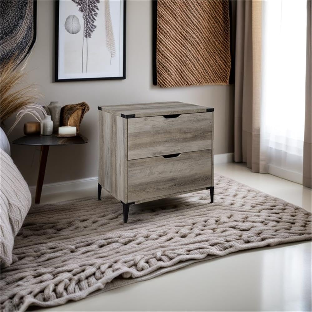 BOWERY HILL Modern Farmhouse Angle Iron 2-Drawer Filing Cabinet in Gray Wash - Rustic Office Storage for Home & Business Organization
