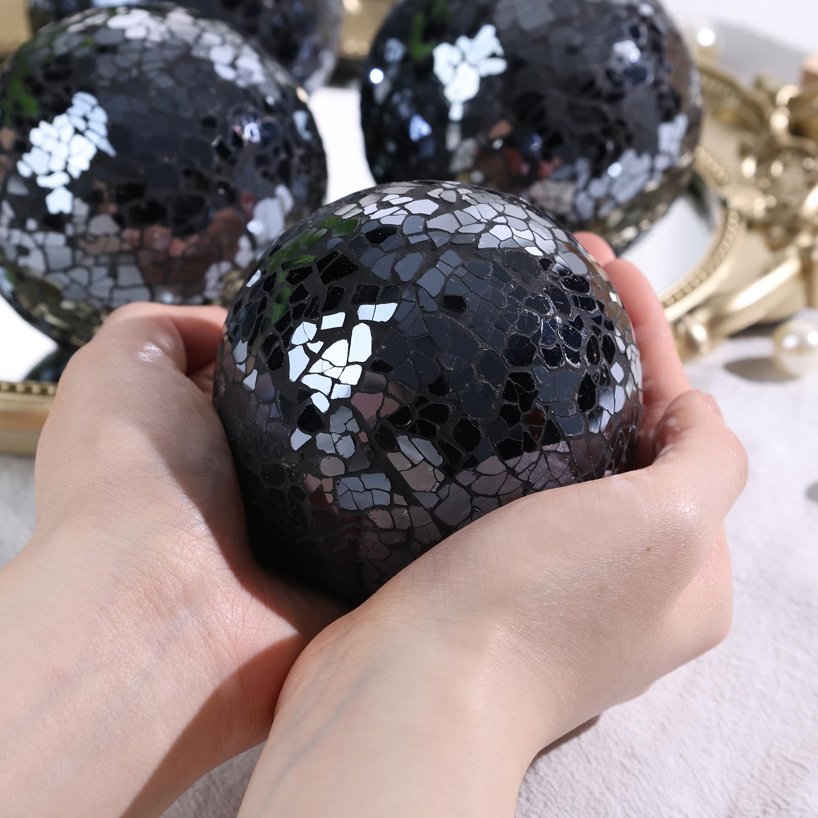 FUTUREPLUSX 5PCS 3.2 Inch Black Mosaic Glass Decorative Balls - Elegant Centerpiece Orbs for Bowls, Vases, Tables, Wedding & Party Decorations - Perfect for Home, Office, and Event Decor