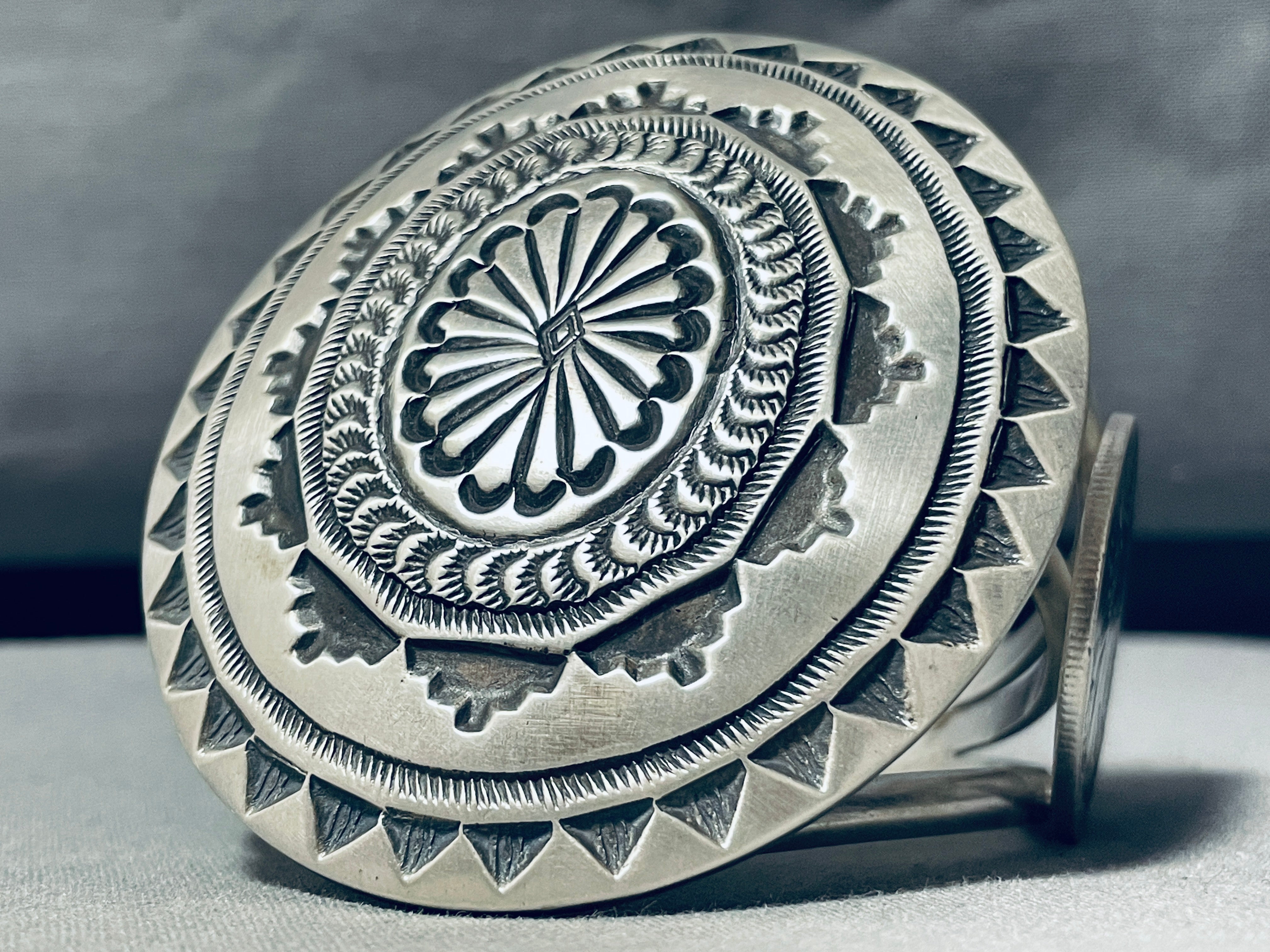 108 Grams Massive Shield Native American Navajo Sterling Silver Stamped Bracelet - Authentic Handcrafted Jewelry for Women, Perfect for Cultural Events & Boho Fashion