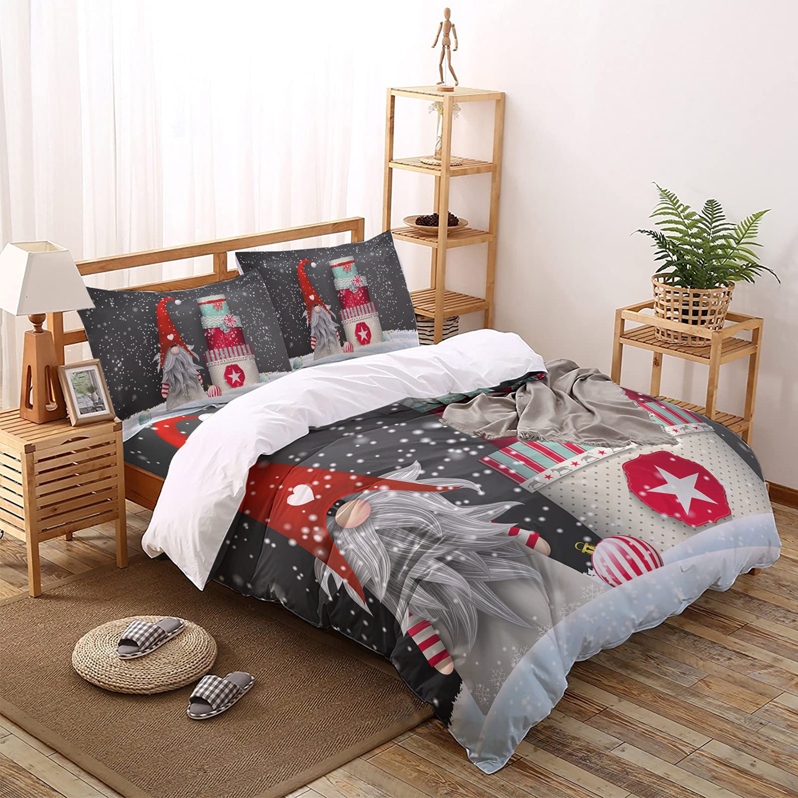 Edwiinsa Full Size Christmas Gnome Duvet Cover Set - 4 Piece Soft Bedding Set with 1 Duvet Cover, 1 Fitted Sheet & 2 Pillowcases | All Season Comforter Cover | Cozy Holiday Bedding for Christmas Decor & Gift Giving | Gray Merry Christmas Theme