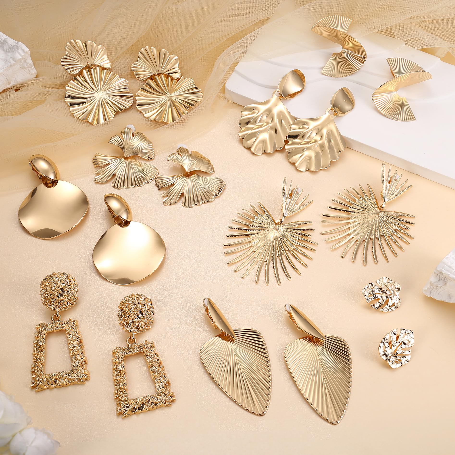 ORAZIO 9 Pairs Gold Clip On Earrings for Women - Statement Geometric Leaf & Trapezoid Dangle Earrings - Non-Pierced Retro Drop Earrings for Parties, Weddings & Special Occasions