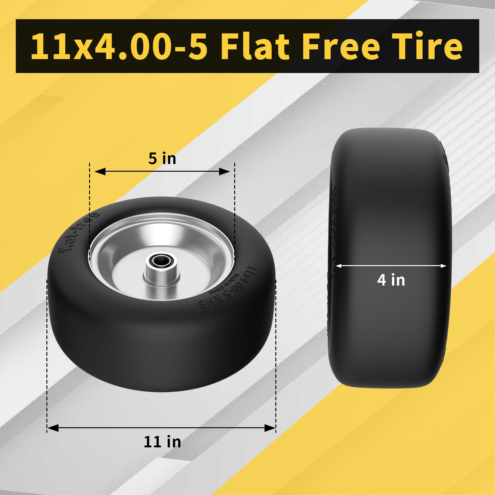 TEPU 11x4.00-5 Flat Free Solid Lawn Mower Tires - 2 Pack Gray - 350Lbs Capacity - Fits Zero Turn Mower Front - 3/4