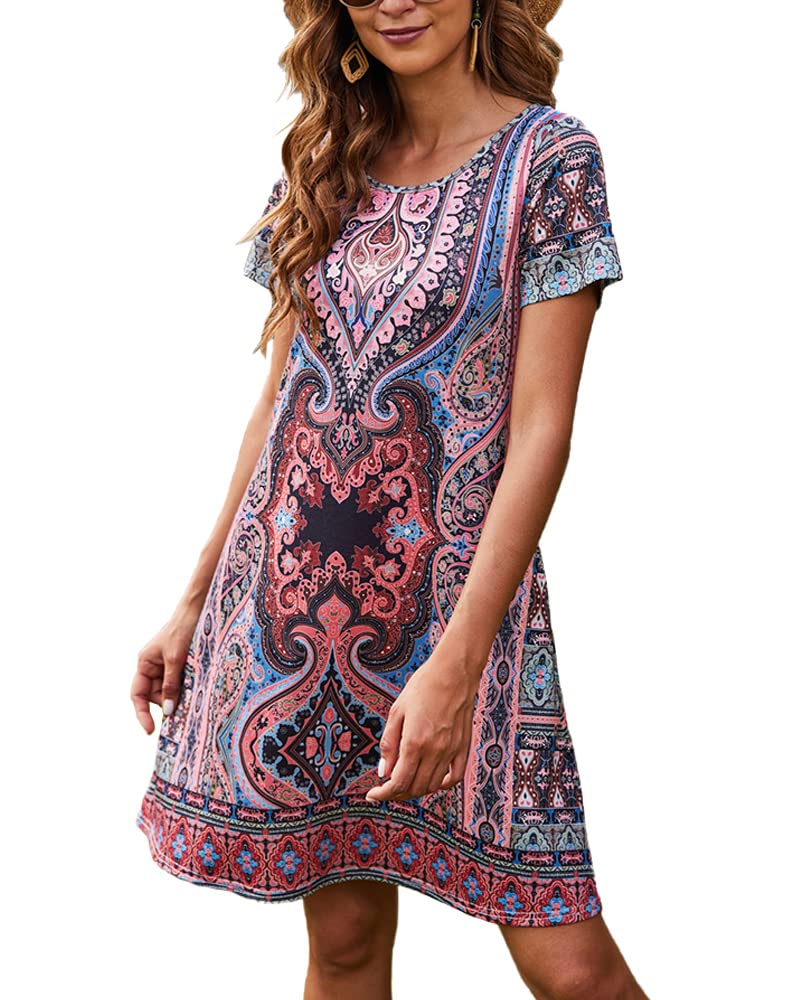 Sherosa Women's Summer Dresses 2025 - Boho Beach Sundress with Pockets, Short Sleeve Loose Fit Casual T-Shirt Dress for Vacation, Travel, and Outdoor Activities