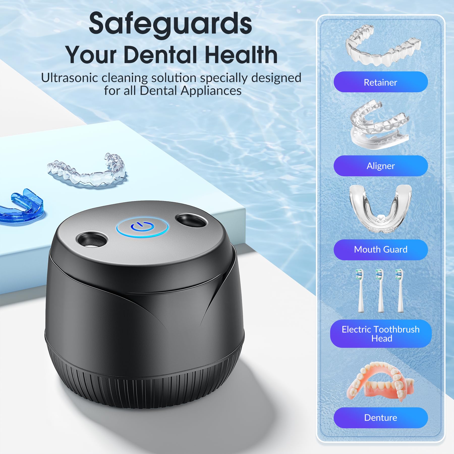 **Ultra Sonic Denture & Retainer Cleaner - Professional Dental Cleaning for Aligners, Mouth Guards, Night Guards - Fast & Effective Stain Removal (Black) | Perfect for Travel & Daily Oral Care**