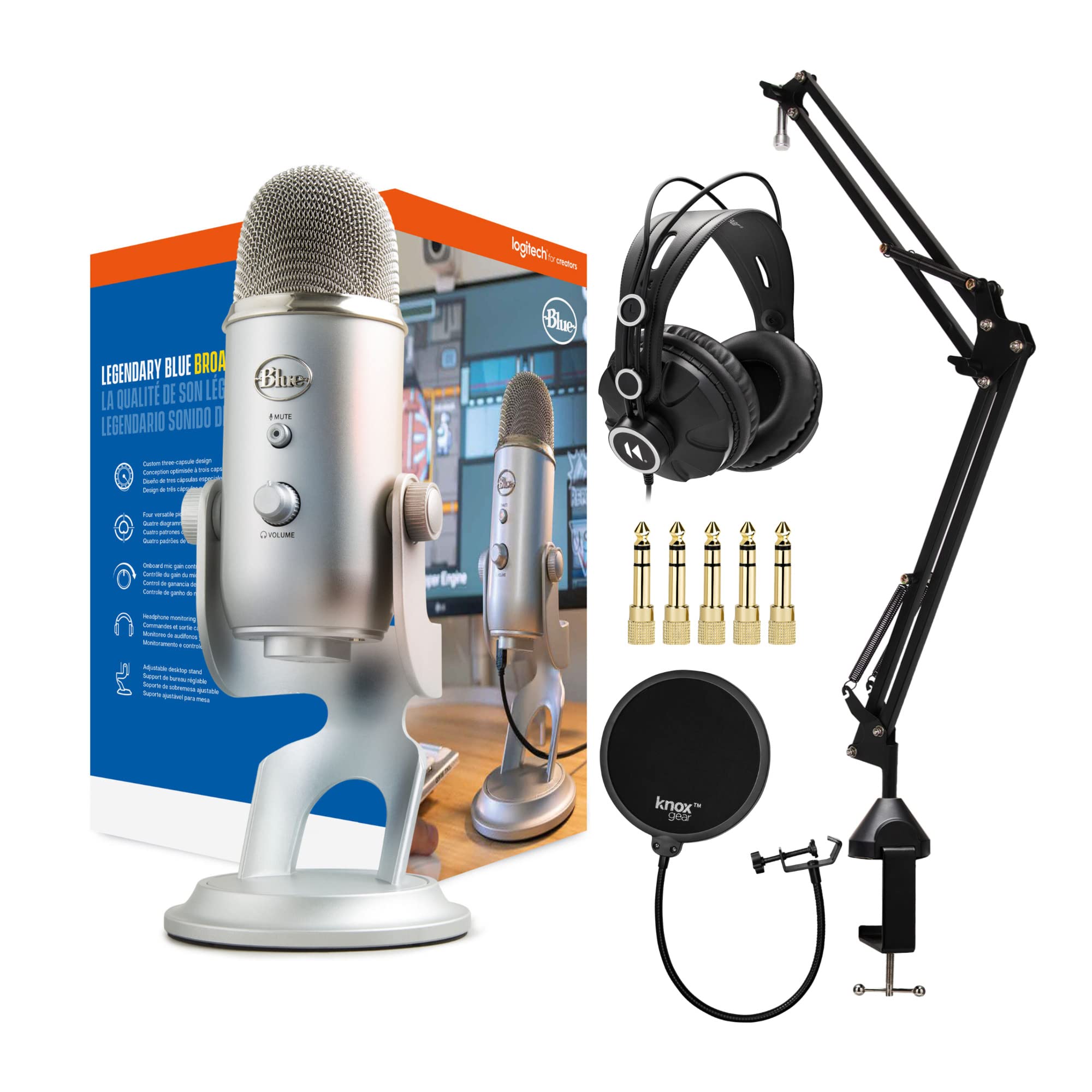Blue Yeti USB Microphone Bundle with Studio Stand, Headphones & Accessories - Professional Recording Studio Kit for Podcasting, Streaming & Voiceovers (Includes Pop Filter & 5 AUX Adapters)