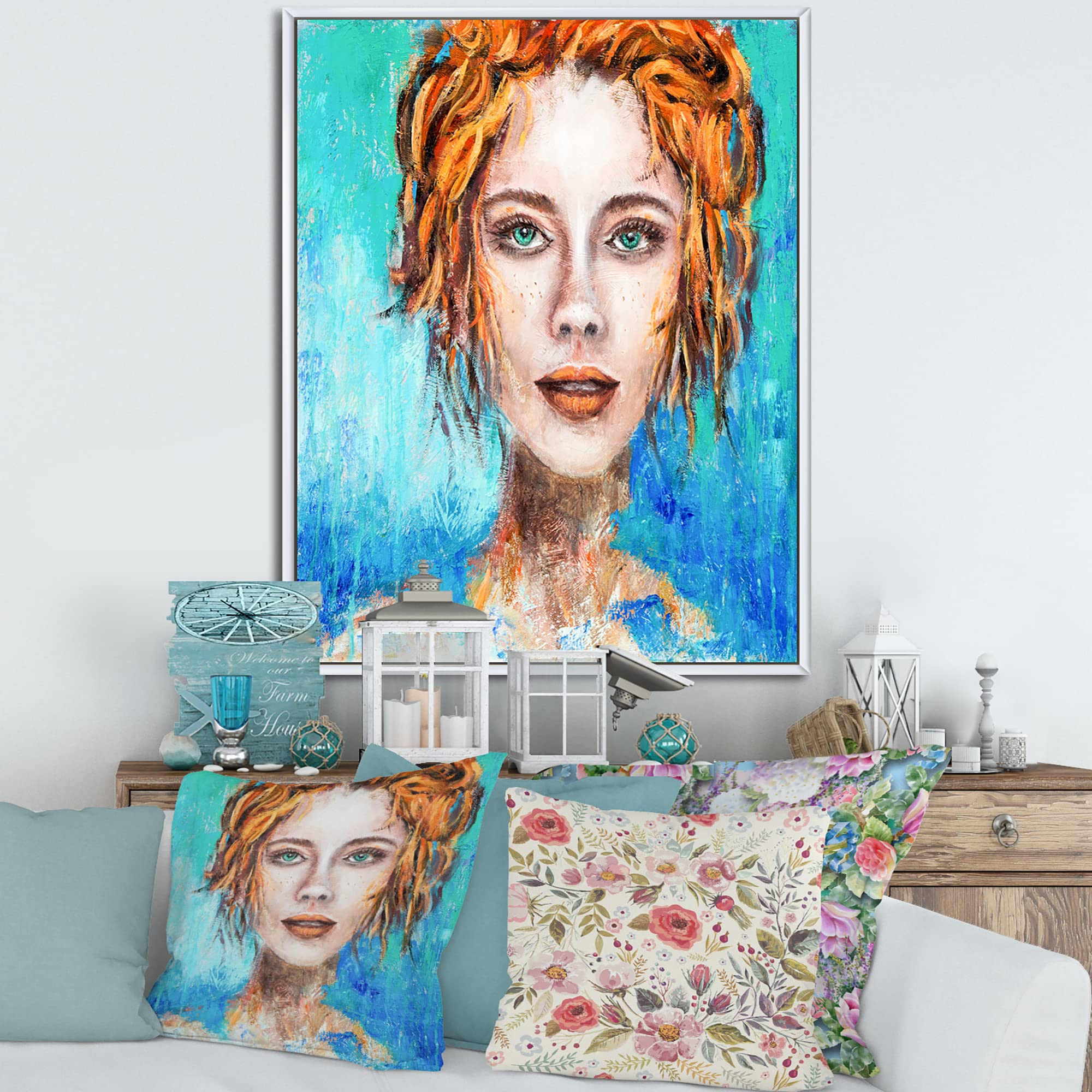 DesignQ Modern Framed Canvas Wall Art - Green Eyed Red Haired Woman Portrait Painting for Living Room, Bedroom & Office Decor