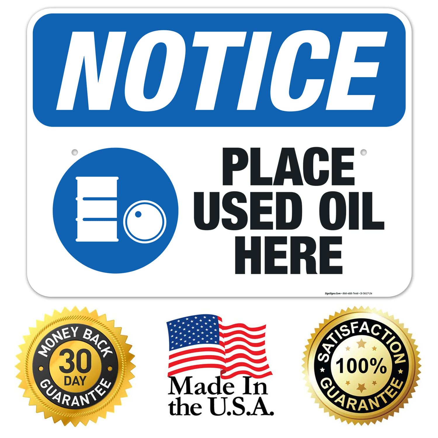 OSHA Compliant 'Place Used Oil Here' Sign - 18x24 Inch Rust-Free Aluminum Safety Sign - Fade Resistant for Indoor/Outdoor Use - Made in USA - Ideal for Automotive Shops, Factories & Hazardous Waste Areas
