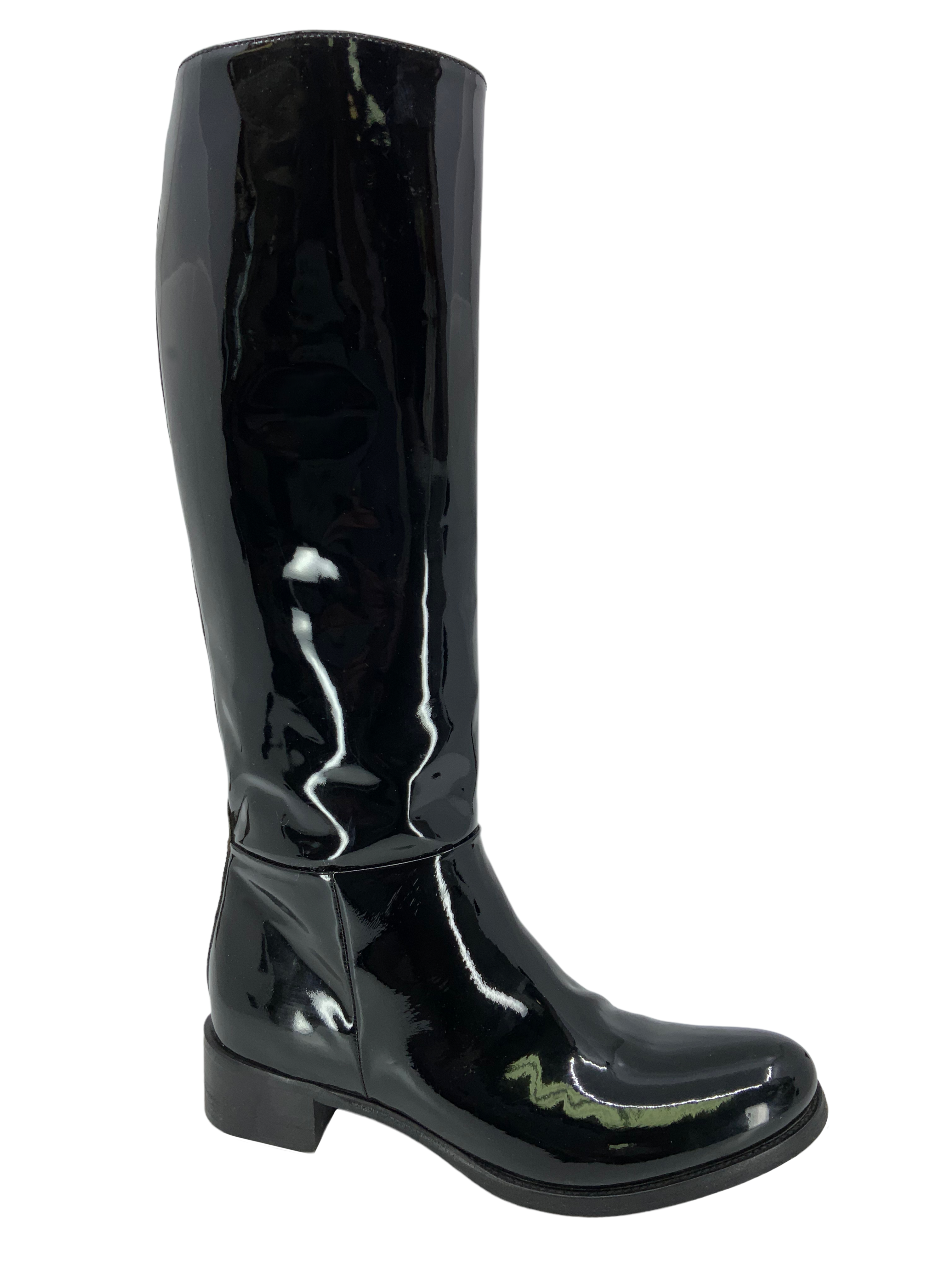 PRADA Patent Leather Mid Calf Boots Women's Size 6.5 - Stylish Knee High Fashion Boots for Office, Party & Winter Outfits