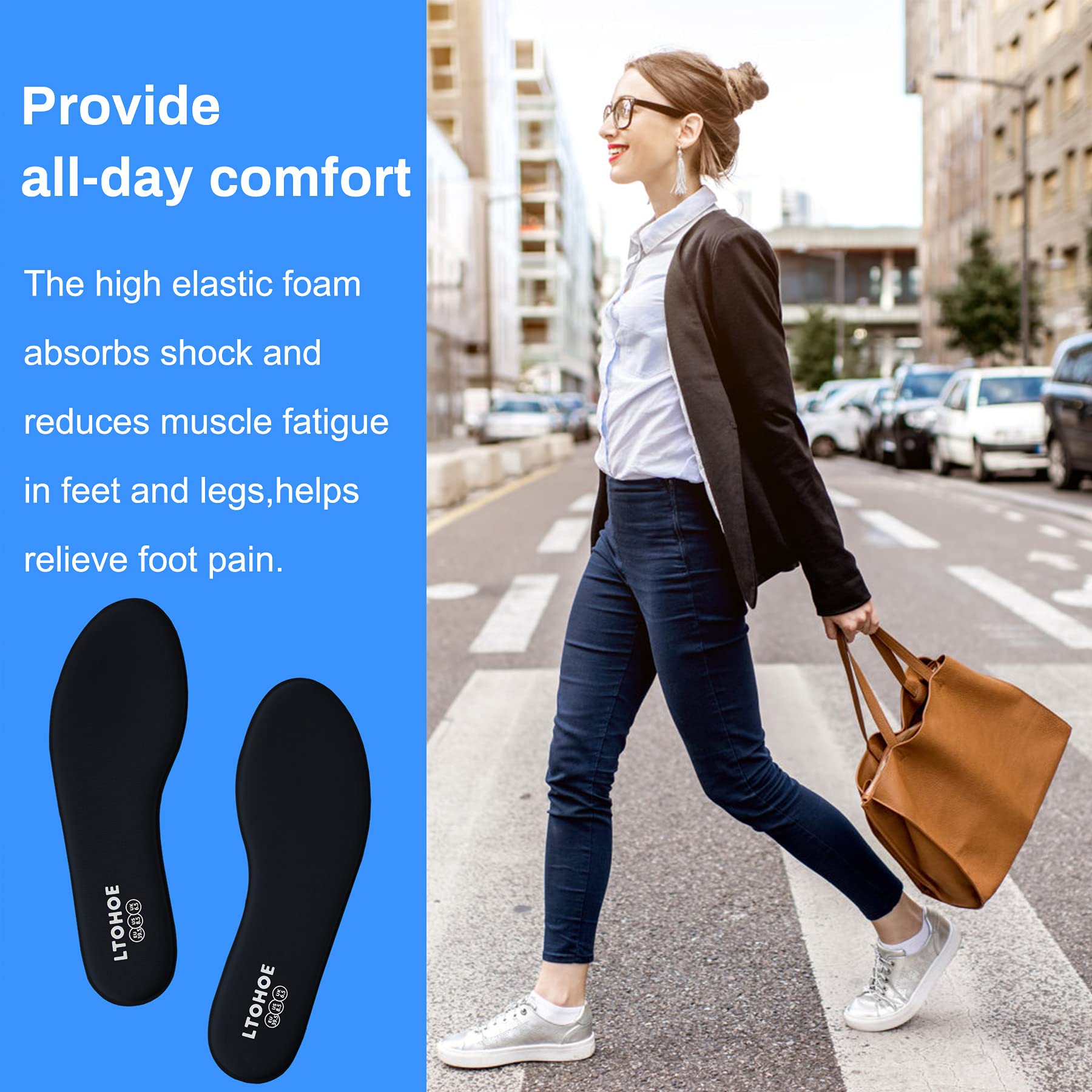 LTOHOE Women's Memory Foam Shoe Insoles - 8mm Cushioned Orthotic Inserts for Running, Hiking & Sneakers - Shock Absorbing Foot Support for Pain Relief (Black, US 6.5) - Perfect for Workouts, Walking & All-Day Comfort