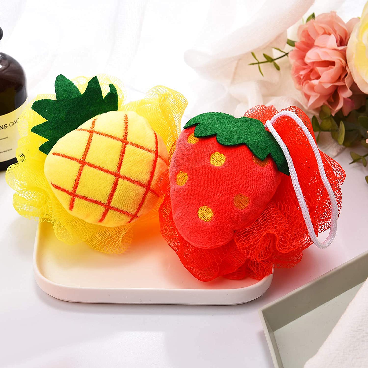 Bluwings 2-Pack Cute Fruit Bath Sponge Loofah Mesh Pouf - Colorful Cartoon Body Scrubber for Kids & Adults - Exfoliating Shower Ball for Gentle Skin Care - Perfect for Daily Bathing and Spa Relaxation