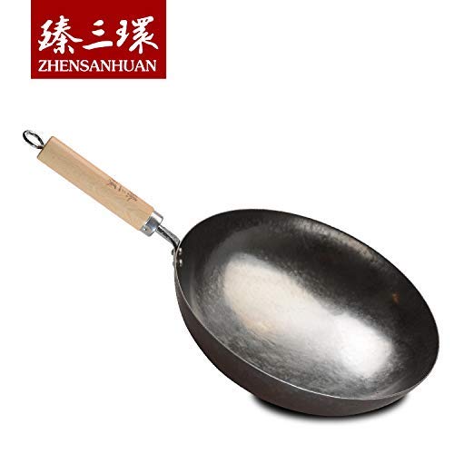 Premium Chinese Hand-Hammered Iron Wok Pan - 34cm Silver Stir Fry Pan with Wooden Handle - Authentic Carbon Steel Wok for High Heat Cooking - Perfect for Stir-Frying, Deep Frying & Asian Cuisine - Ideal for Home Chefs & Restaurant Use