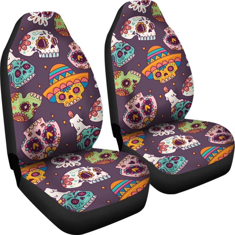 2 Pcs Sugar Skull Seat Covers for Car - Mexican Day of the Dead Design, Universal Fit for Most Vehicles - Perfect for Halloween, Dia de los Muertos & Car Decorations