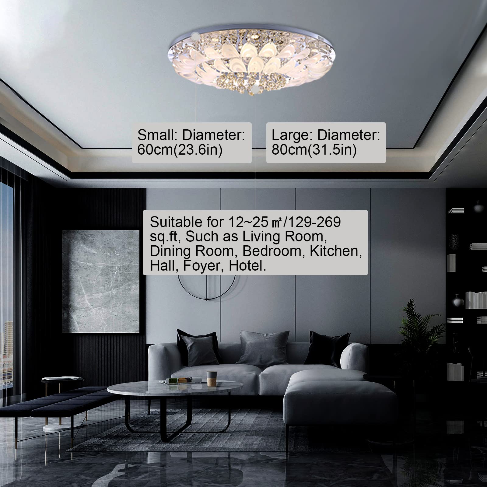 OUKANING 31.5 Inch Modern K9 Crystal Chandelier Ceiling Fan with LED Lights & Remote Control - Luxury Flush Mount Lighting Fixture for Living Room, Dining Room, Bedroom | Energy Efficient Dimmable Ceiling Lamp for Home Decor & Interior Design
