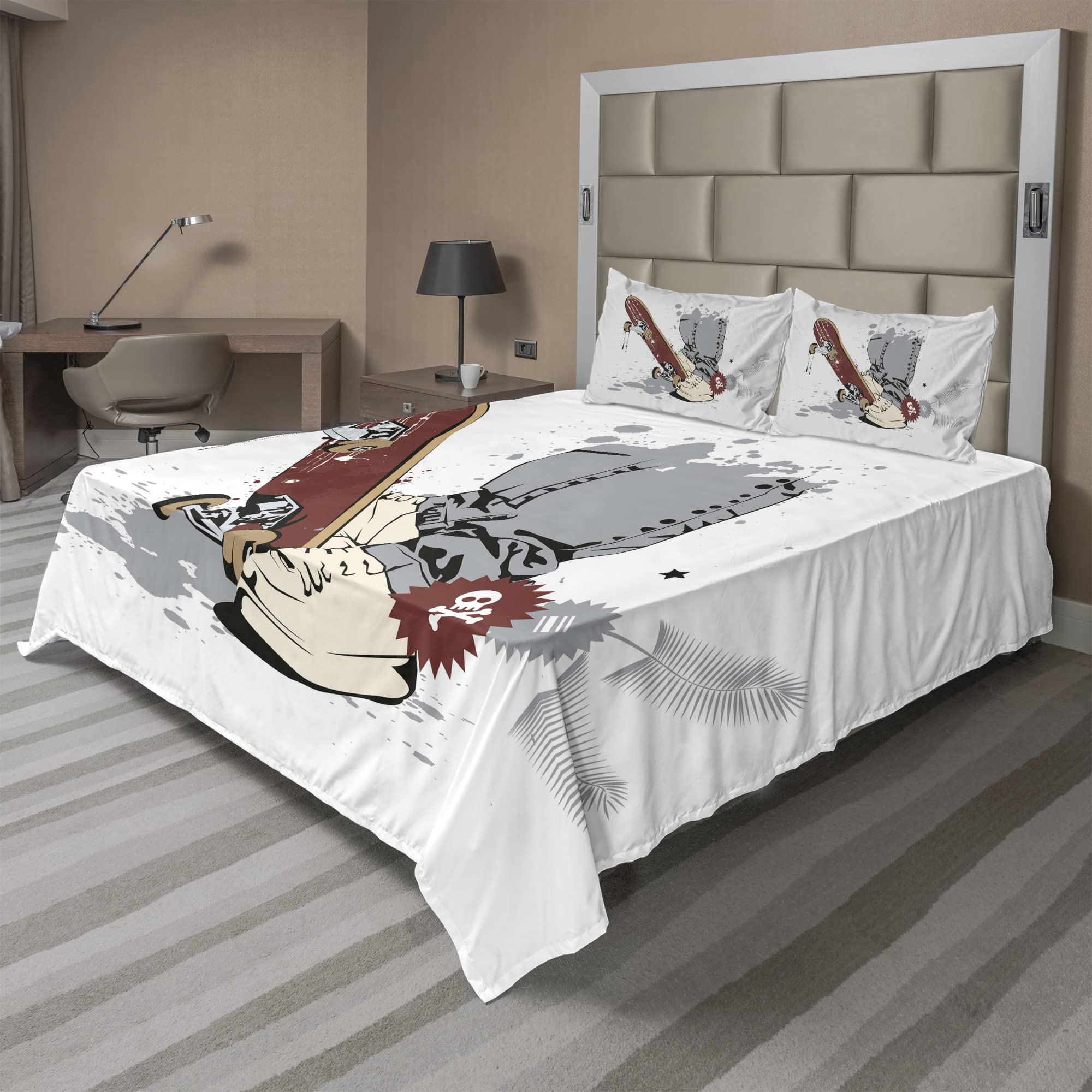 Ambesonne Skateboarder Bed Sheet Set - Modern Grunge Fashion Inspired Skateboard Design with Spots & Skull Art - 4 Piece King Size Bedding Set (Fitted Sheet, Flat Sheet, 2 Pillowcases) - Brown & Cream - Perfect for Teen Rooms, Dorm Decor & Skateboard Enthusiasts