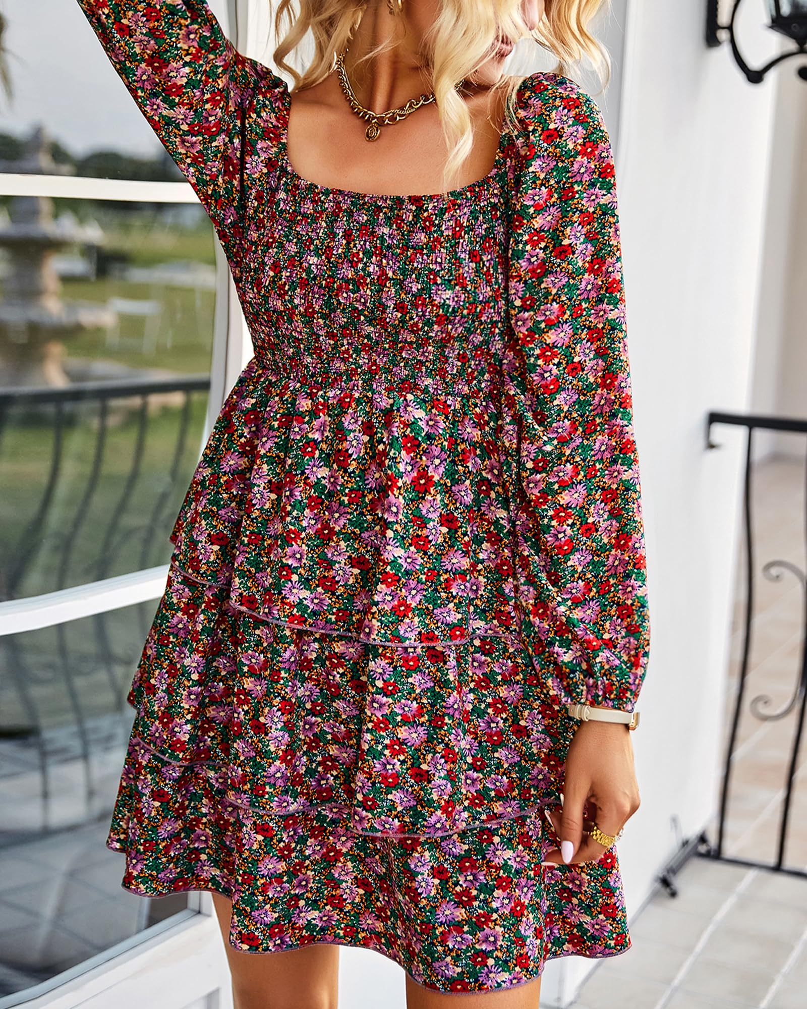 BTFBM Women's Square Neck Smocked Floral Swiss Dot Mini Dress - Long Sleeve Boho Wedding Guest Dress for Spring & Summer 2025 | Perfect for Garden Parties, Bridal Showers & Casual Outings