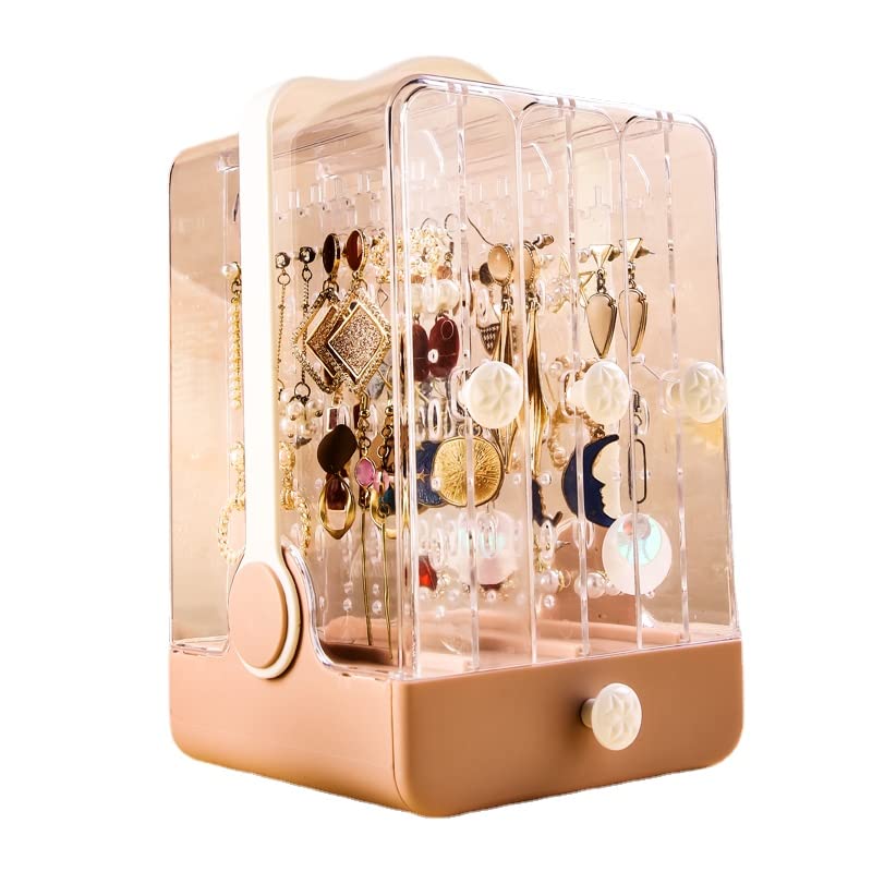 Duoduo Large Capacity Jewelry Organizer Box - Transparent Earring Storage, Necklace & Ear Clip Holder, Dust-Proof Hanging Rack for Tabletop (Pink) - Perfect for Bedroom Vanity, Travel & Gift Giving