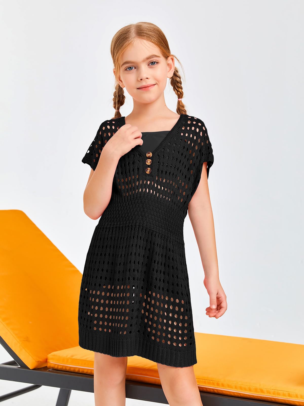 Haloumoning Girls Crochet Swim Cover Up - Beach Button Front Short Sleeve Swimwear Dress for Kids Ages 5-14 | Perfect for Pool Parties, Beach Vacations & Summer Outings