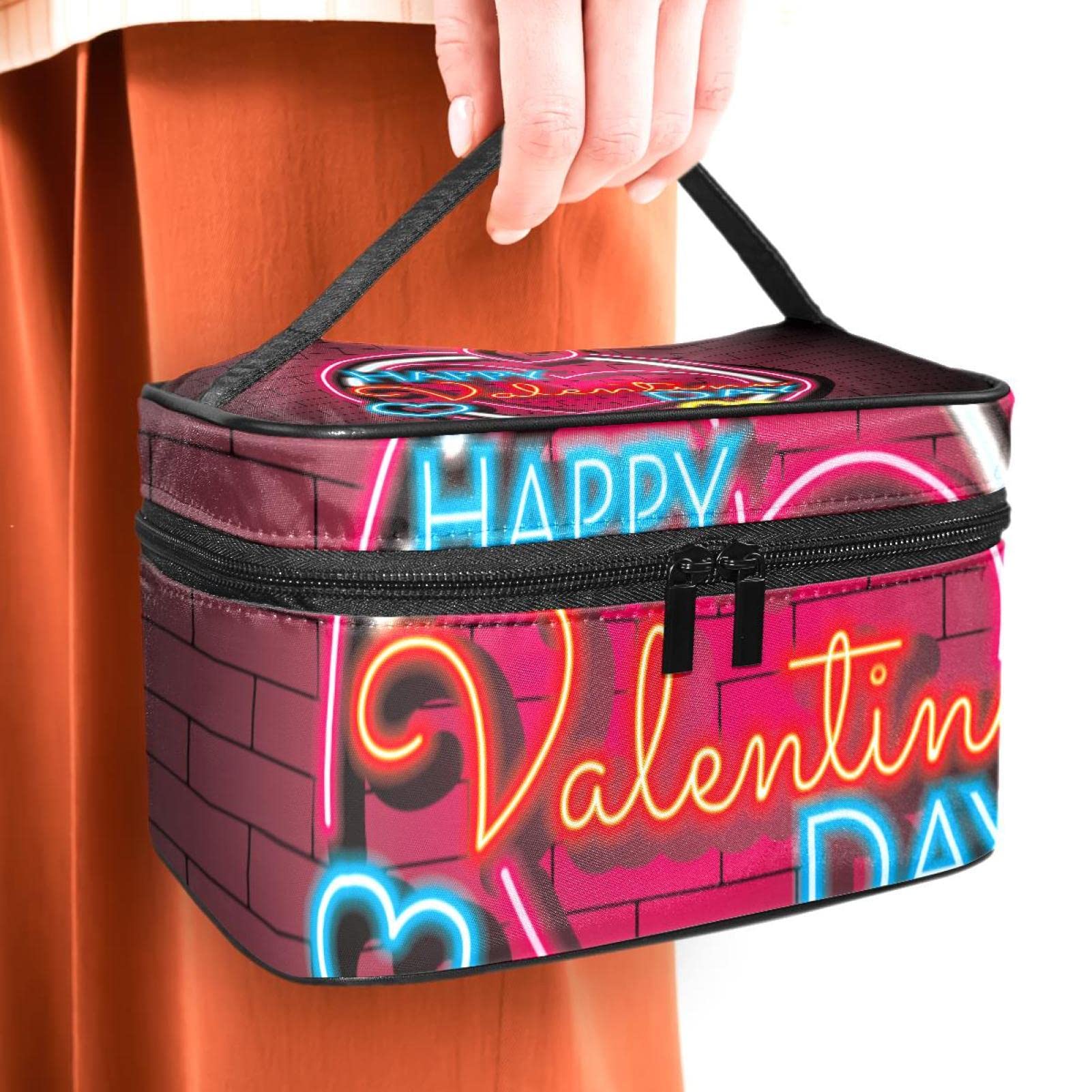 Valentine's Day Neon Sign Makeup Organizer Bag - Portable Travel Cosmetic Case for Women & Girls | Perfect for Toiletries, Makeup Storage & Travel Essentials | Great Gift for Valentine's Day, Birthdays & Holidays