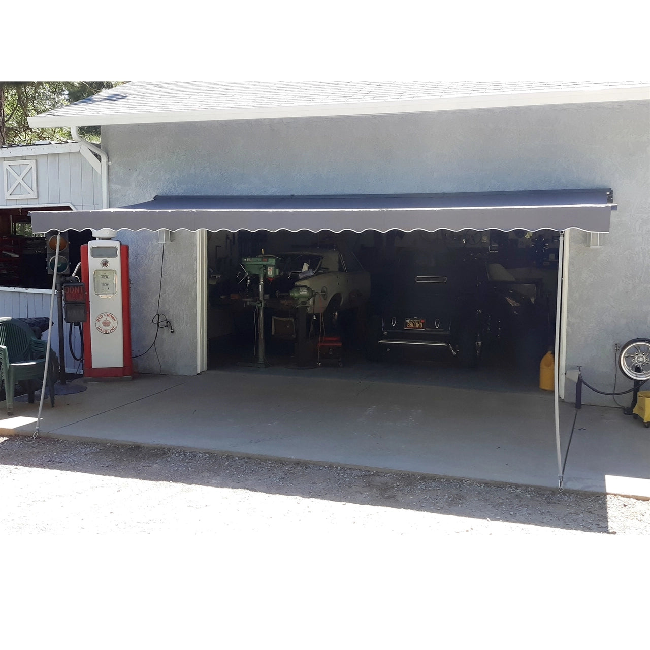 16x10 FT Aleko Motorized Retractable Patio Awning with White Frame - Gray Color for Outdoor Shade, Deck & Backyard Protection