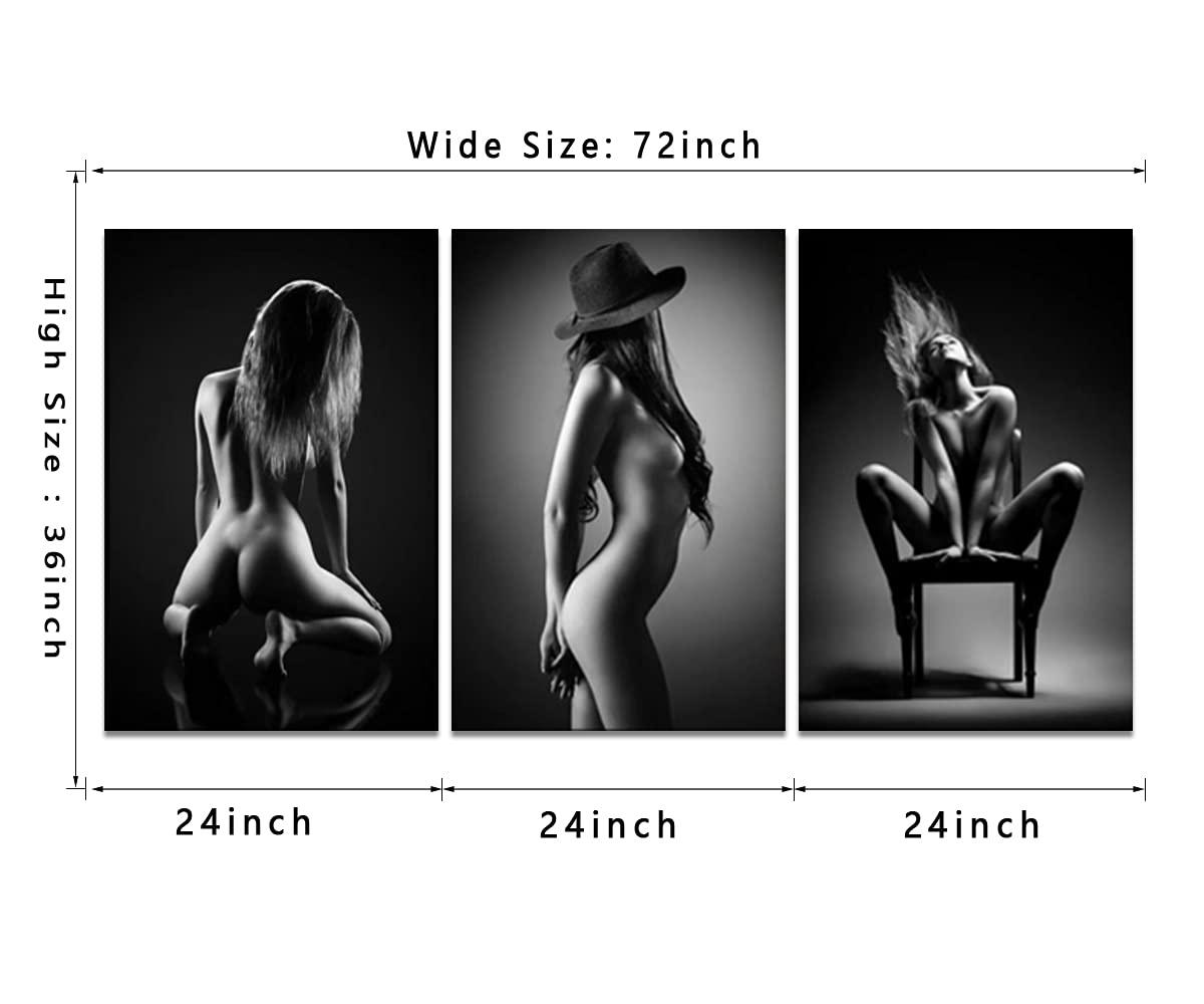 Modern Abstract Nude Woman Canvas Wall Art Set - 3 Piece Black & White Framed Prints (24