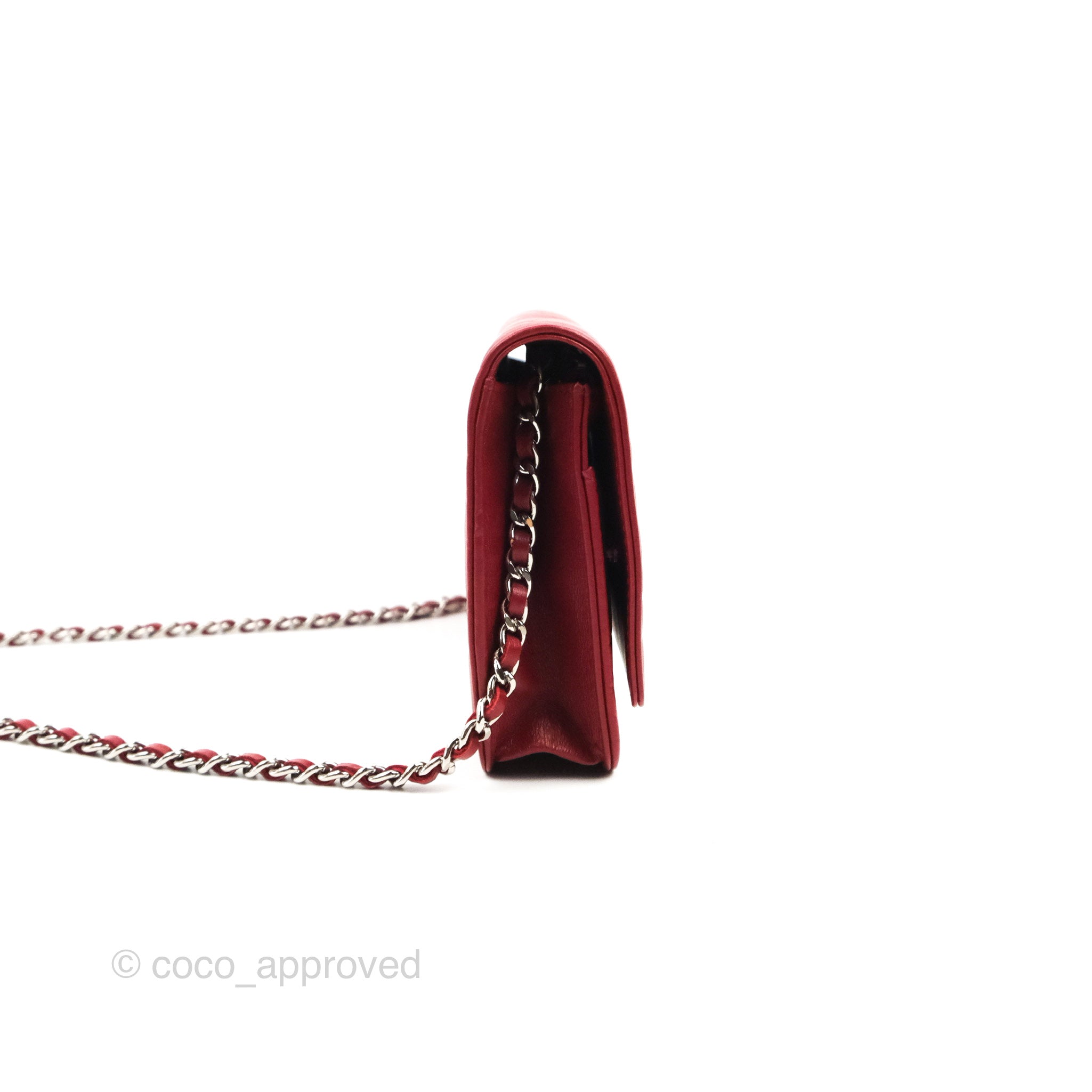 Chanel Camellia Embossed Wallet on Chain WOC in Red Lambskin with Silver Hardware - Luxury Crossbody Bag for Women, Perfect for Evening Events & Date Nights
