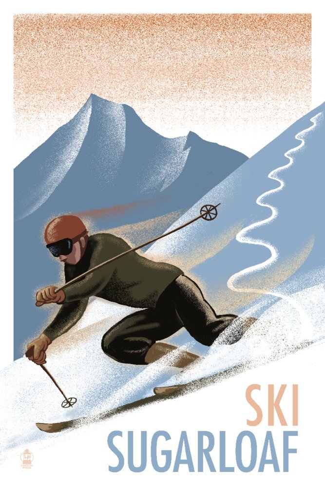 Signed Sugarloaf Maine Downhill Skier Lithography Art Print - 24x36 Wall Decor Poster for Ski Lodge, Home Office & Mountain Cabin Decor