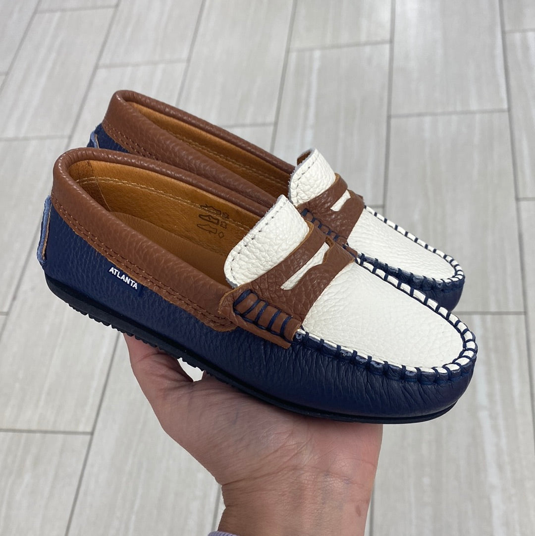 Atlanta Moccasin Penny Loafers for Men - Blue, White & Brown Leather Slip-On Shoes | Comfortable Casual & Office Wear