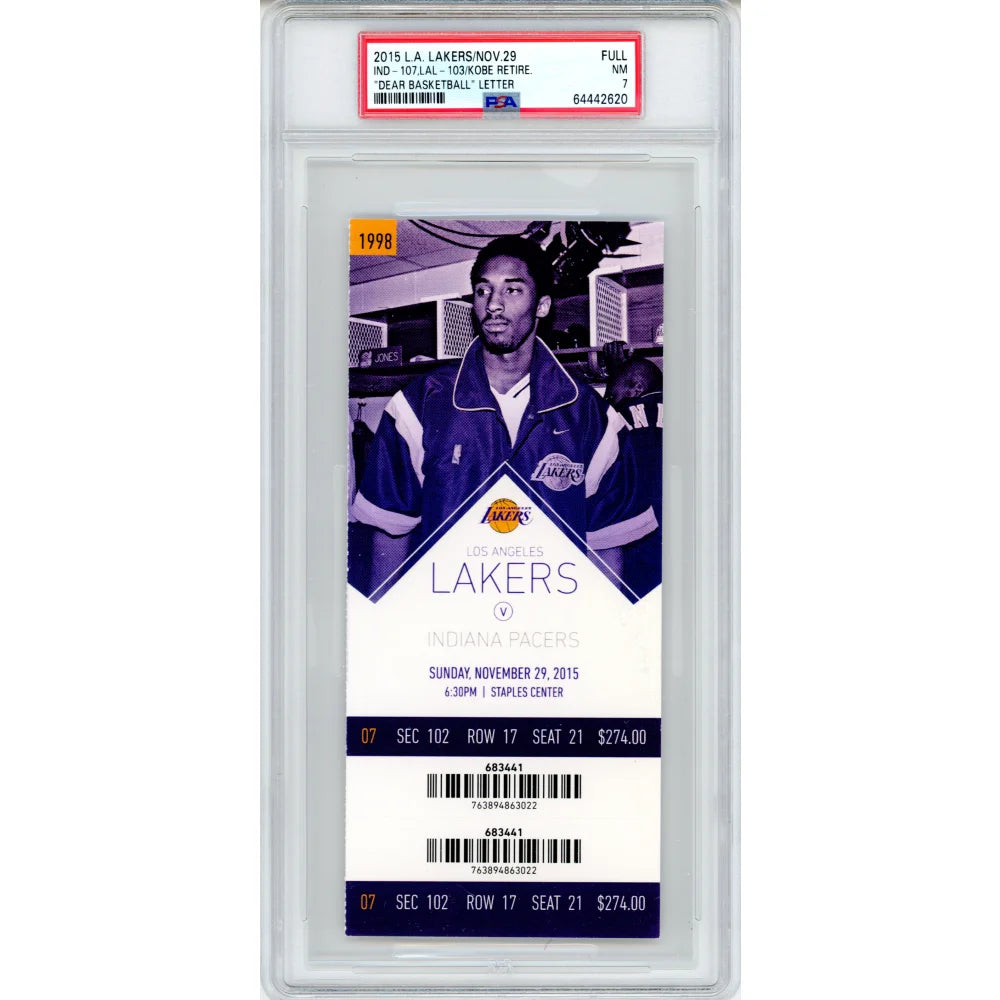Kobe Bryant Dear Basketball Retirement Authentic Ticket 11/29/15 PSA 7 Lakers - Limited Edition Collectible for Sports Memorabilia Fans & NBA Enthusiasts - Perfect for Display in Home, Office or Man Cave